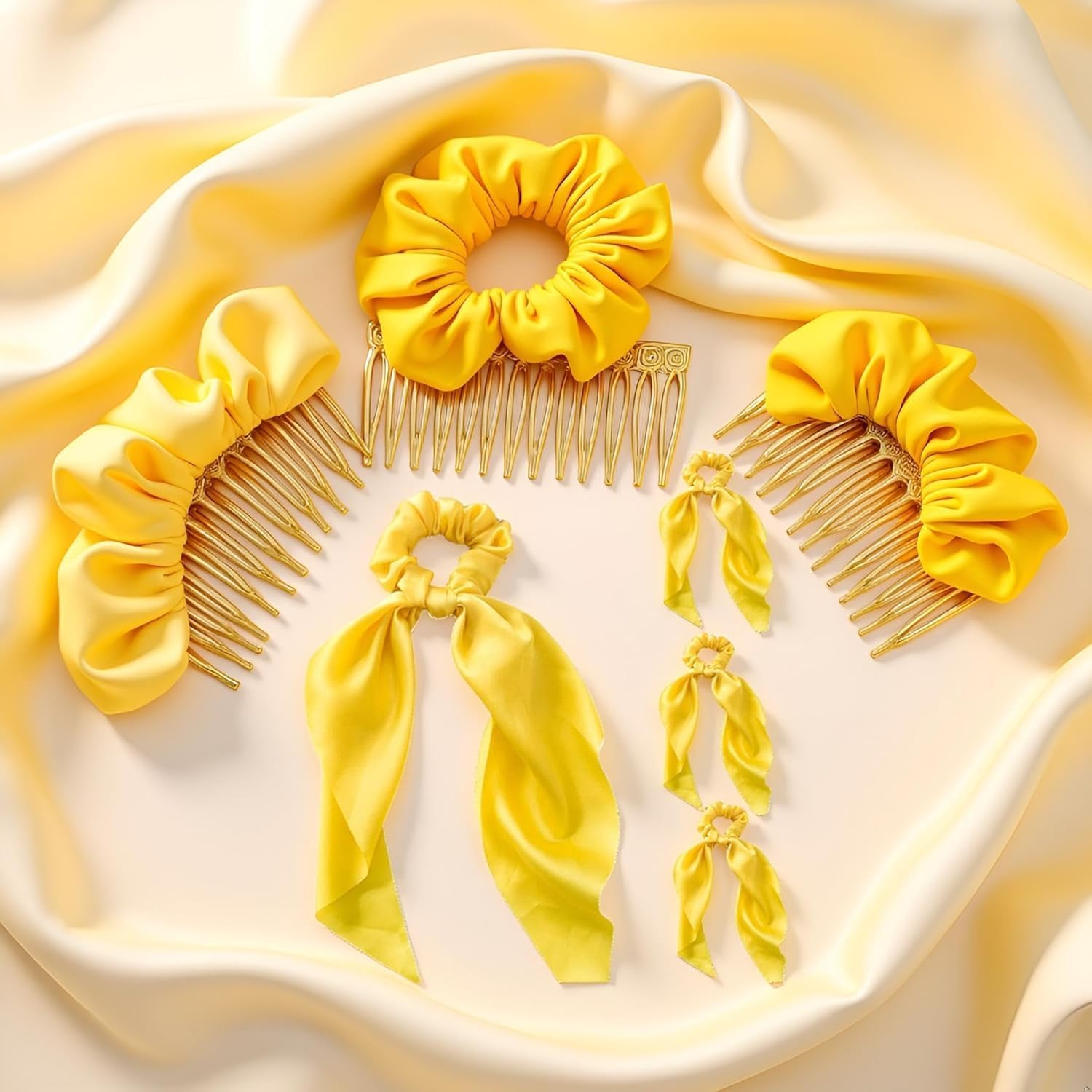 4 Pcs Yellow Women Girl Bow Satin Ribbon Ponytail Scarf Hair Tie Rope Scrunchies Elastic Band Hair Scrunchies Bands Elastics and Ties Hair Elastics Ties Hair Accessories