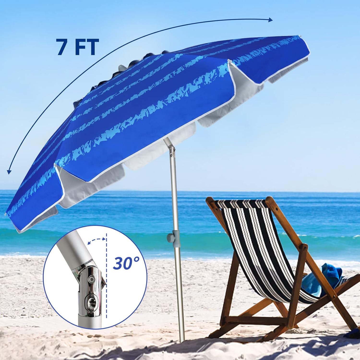 AMMSUN 2.1M Heavy Duty HIGH Wind Beach Umbrella with Sand Anchor Vent Tilt Portable Sun Shelter, UV 50+ Sun Protection Outdoor Sunshade Umbrellas Carry Bag for Patio Garden Pool Backyard Blue