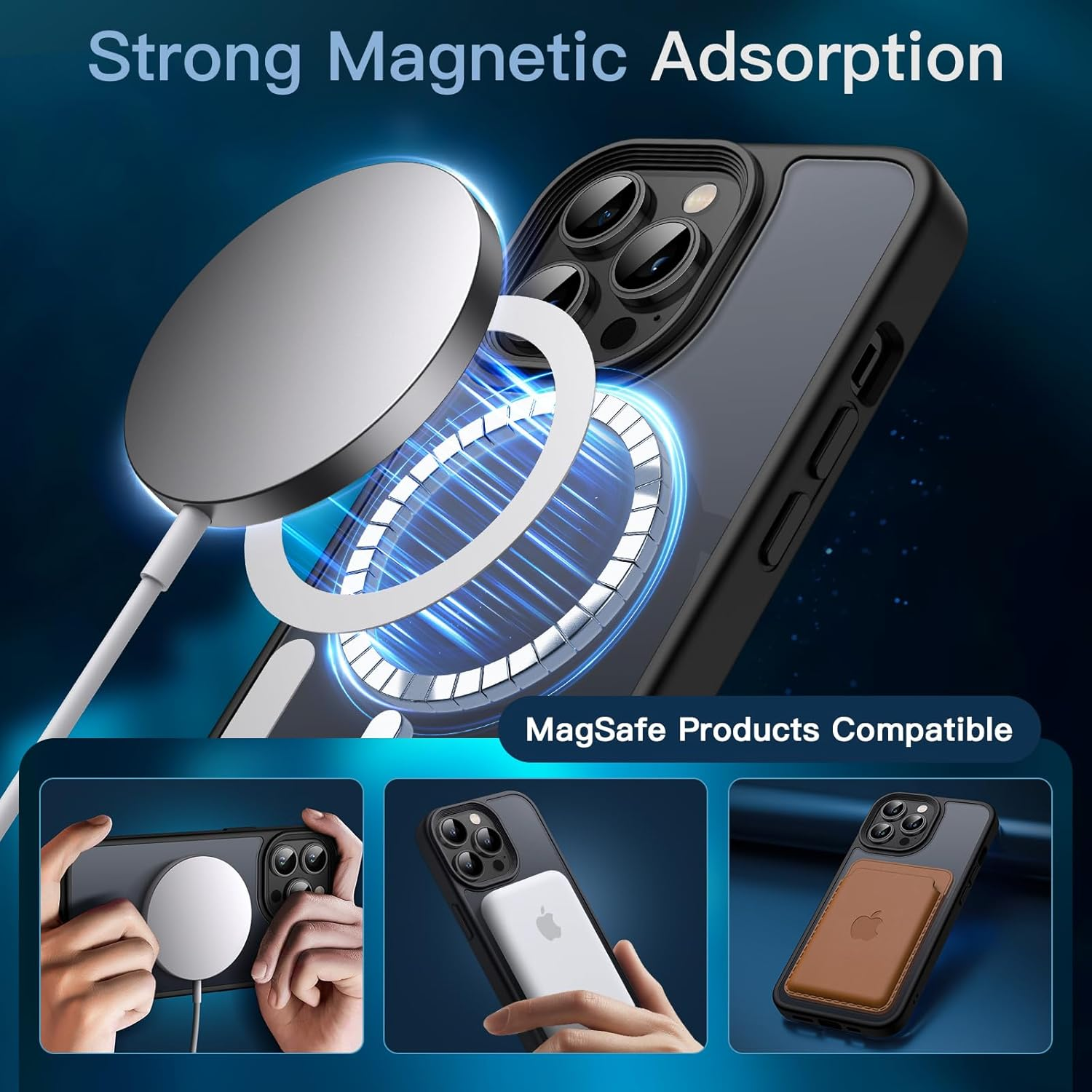 Jetech 3 in 1 Magnetic Case for Iphone 14 Pro Max 6.7-Inch with 2 Pack Tempered Glass Screen Protectors, Compatible with Magsafe, Translucent Matte Back Shockproof Phone Cover (Black) - Deep Purple image number 3