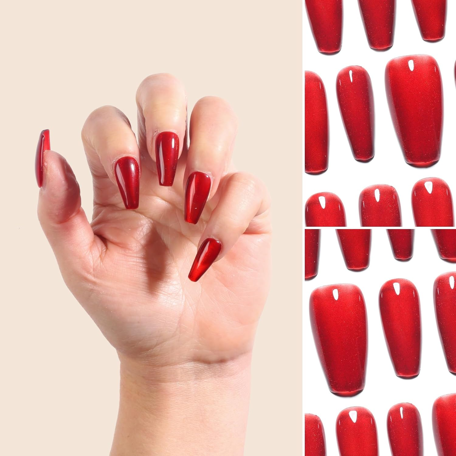 Sun&Beam Nails Handmade Press-On Medium Long Coffin Red Ruby Magnet False Nail Tips Hand-Drawn Design Fashionable 10 Pcs Set (#164 XS) image number 2