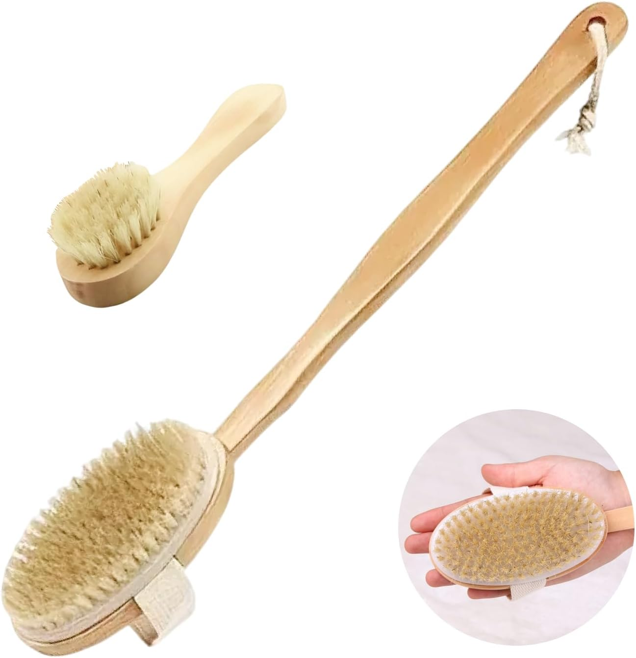 2 Pcs Premium Dry Body Brush, Facial Brush Set, Natural Boar Bristle Bamboo Exfoliator for Lymphatic Drainage, Cellulite Reduction Glowing Skin, Spa Quality Detox Kit with Detachable Handle image number 3