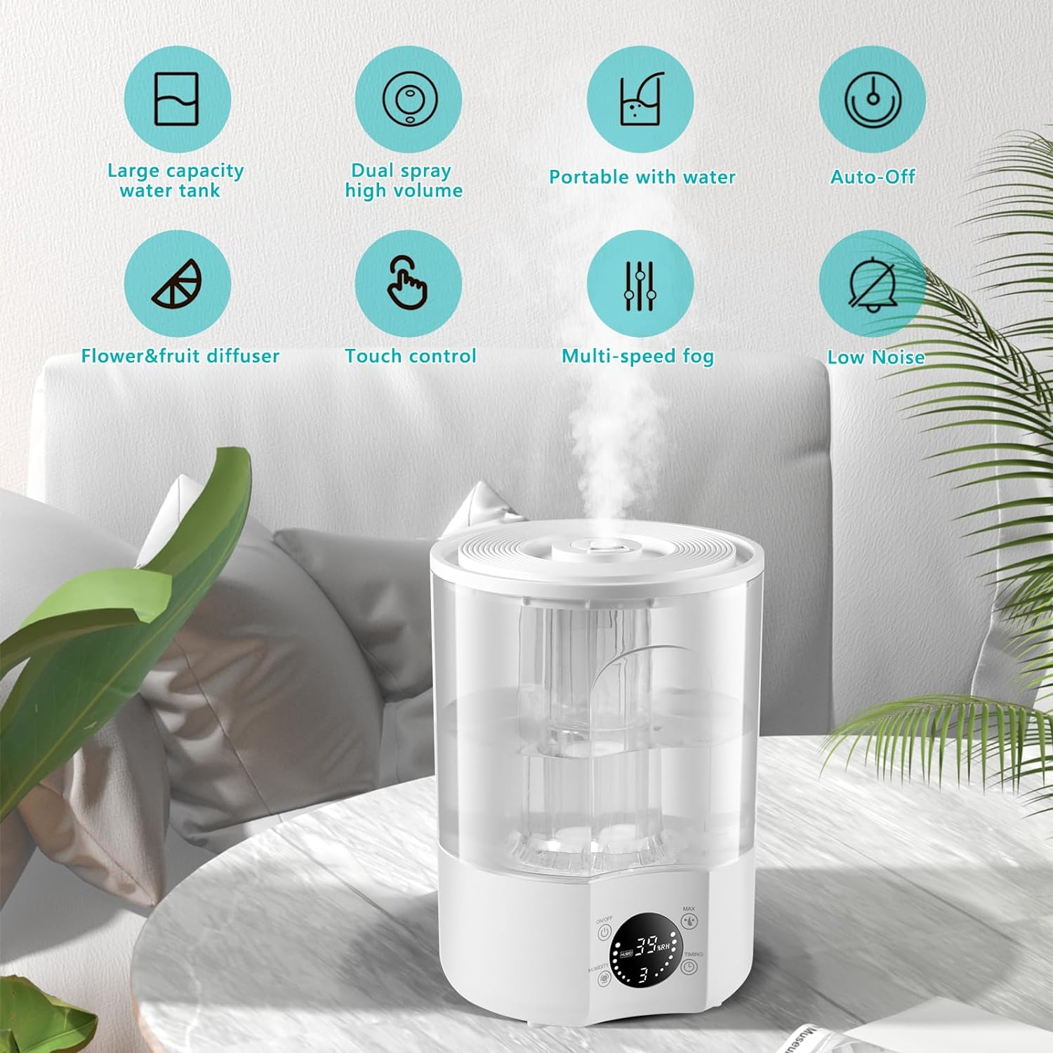 Air Humidifier with 4L Capacity, One Body Visible Water Tank, Ultrasonic Cool Mist, Add Water Above, Adjustable 360 Degree Knob, Auto Shut-Off, Digital Display, Aroma Diffuser, Low Noise Use.