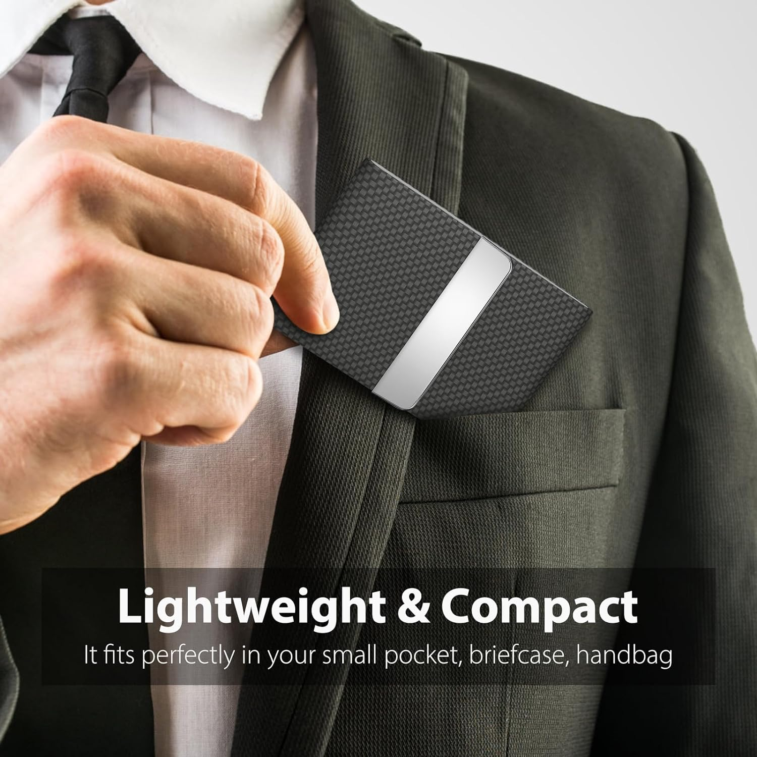 Maxgear Business Card Holder, PU Leather Business Card Case Pocket Card Holders for Men or Women, Metal Slim Name Card Holder RFID Blocking Business Card Carrier with Magnetic Closure, Black Carbon image number 1