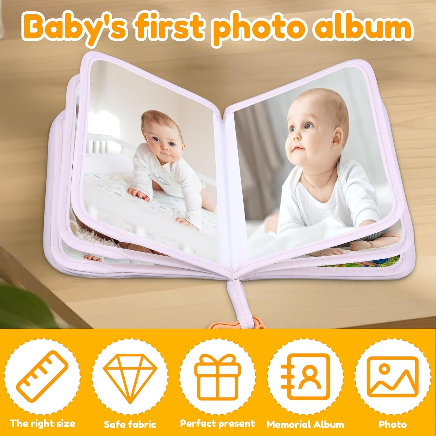 Soft Cloth Baby Photo Album Safe Baby Memory Album Book with Mirror Cute Toddler Family Memory Picture Book Holds 17 Pictures for Kids Newborn Toddlers (Khaki)