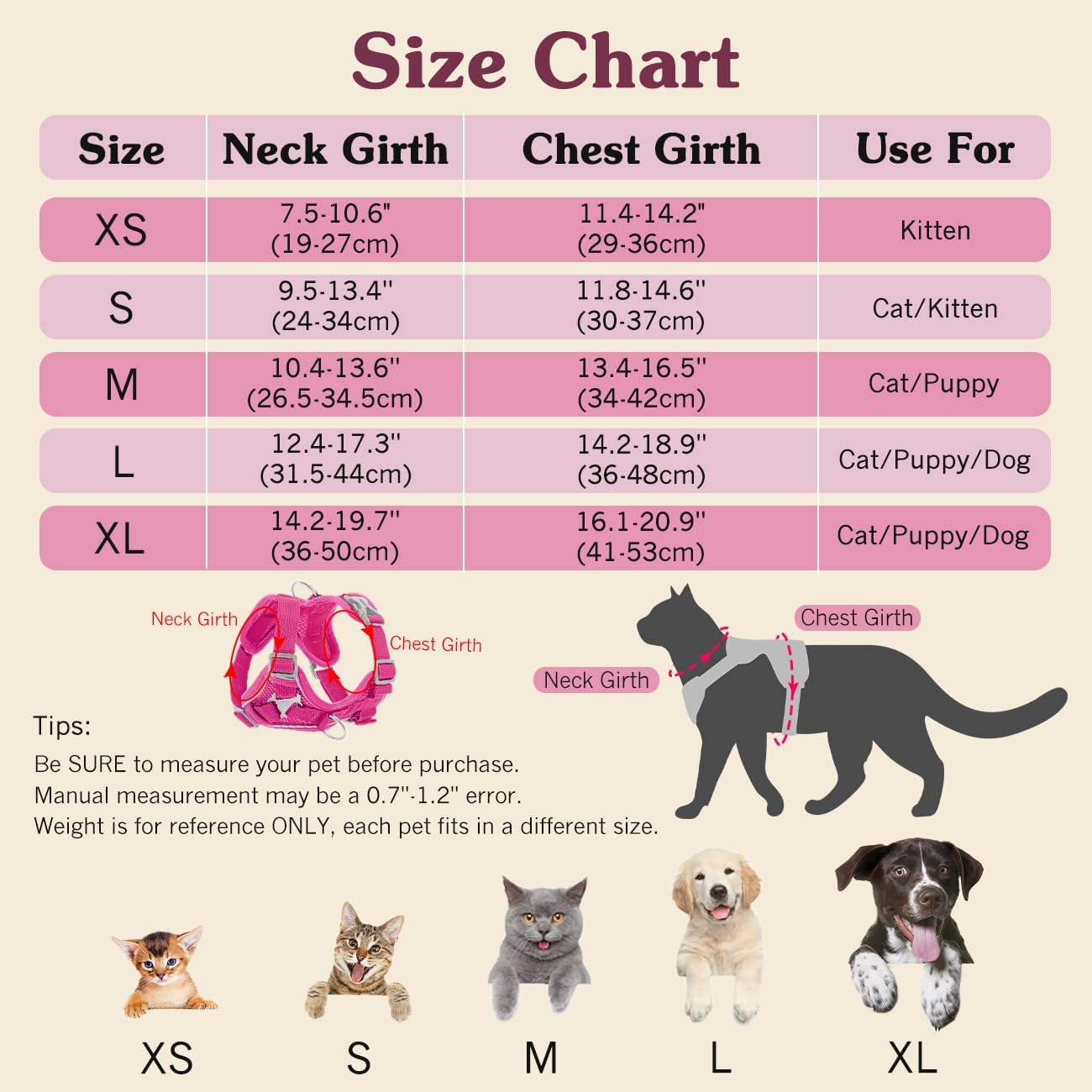 Vavopaw Cat Harness and Lead Set for Walks, Escape Proof Kitten Vest Harness with Reflective Strip, Adjustable Pet Safety Vest for Cats, Puppies, L, Magenta image number 6