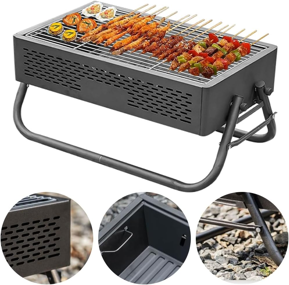 Rectangle Folding Barbecue Grill with Durable Material, Stainless Steel Charcoal Grill, Cooking Tea and BBQ Set, Portable BBQ Tool Kits, Suitable for Garden Picnic Outdoor Cooking (Black) image number 5