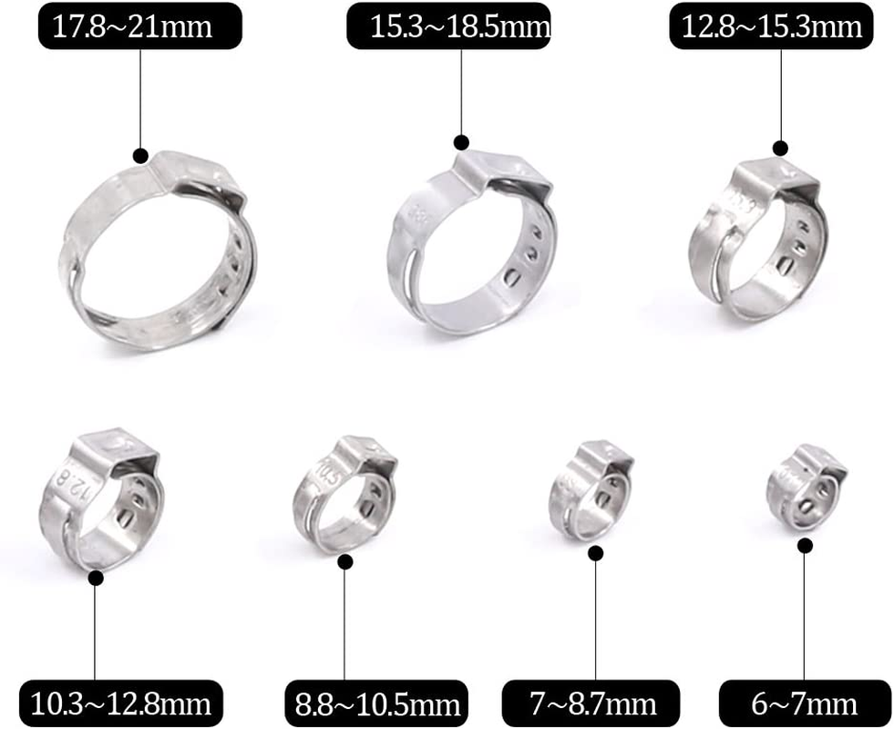 Glarks 120Pcs 7-21Mm 304 Stainless Steel Single Ear Hose Clamps Assortment Kit image number 1