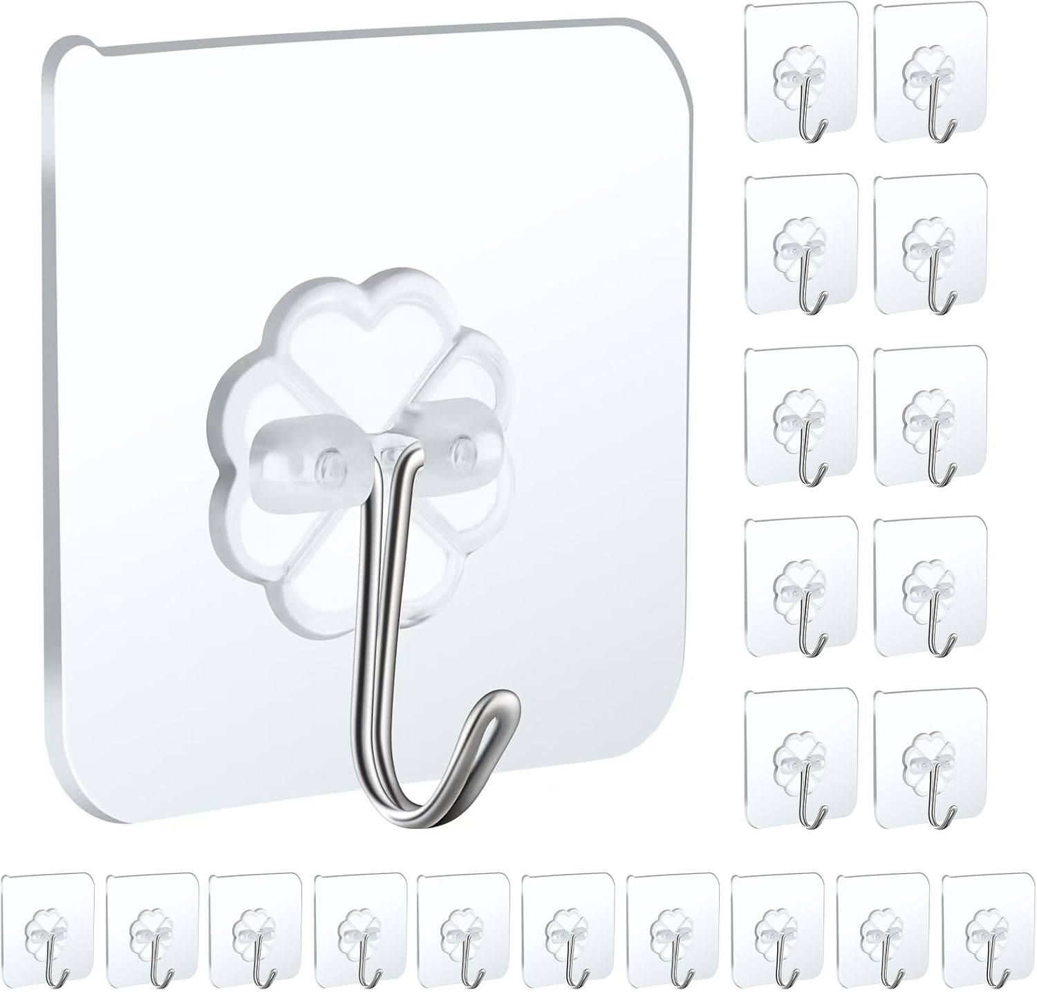 20 Packs Self Adhesive Wall Hooks Heavy Duty 22Lb(Max), Waterproof Transparent Wall Hooks for Hanging Sticky Hooks Wall Hangers for Door Bathroom Shower Kitchen Outdoor Utility Hooks Hanger image number 4