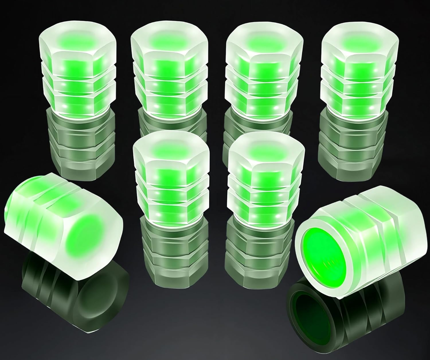 8PCS Fluorescent Tire Valve Stem Caps, Luminous Car Tire Air Cap, Corrosion Resistant Leak-Proof Wheel Valve Cover, Universal for Cars, Trucks, Bikes, Motorcycles, Bicycles(Green) image number 3