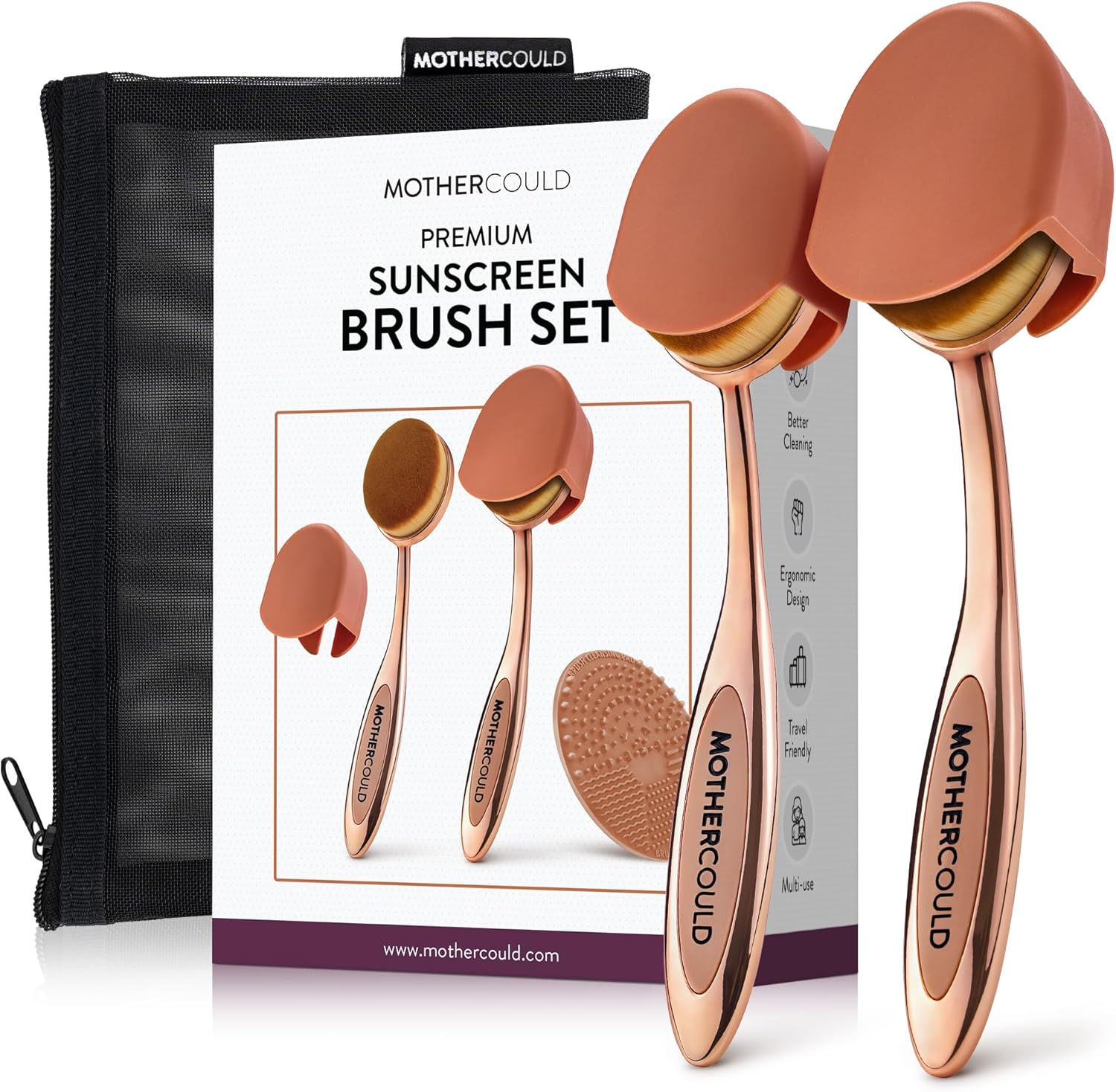 Mothercould Premium Sunscreen Brush Set &ndash; Kids & Baby Sunblock Applicator with Metal Handles, Travel Bag, 2 Brushes, 2 Caps, & Cleaning Mat &ndash; Rose Gold &ndash; Mess-Free Sun Care (2 Pack) (Rose Gold) image number 6