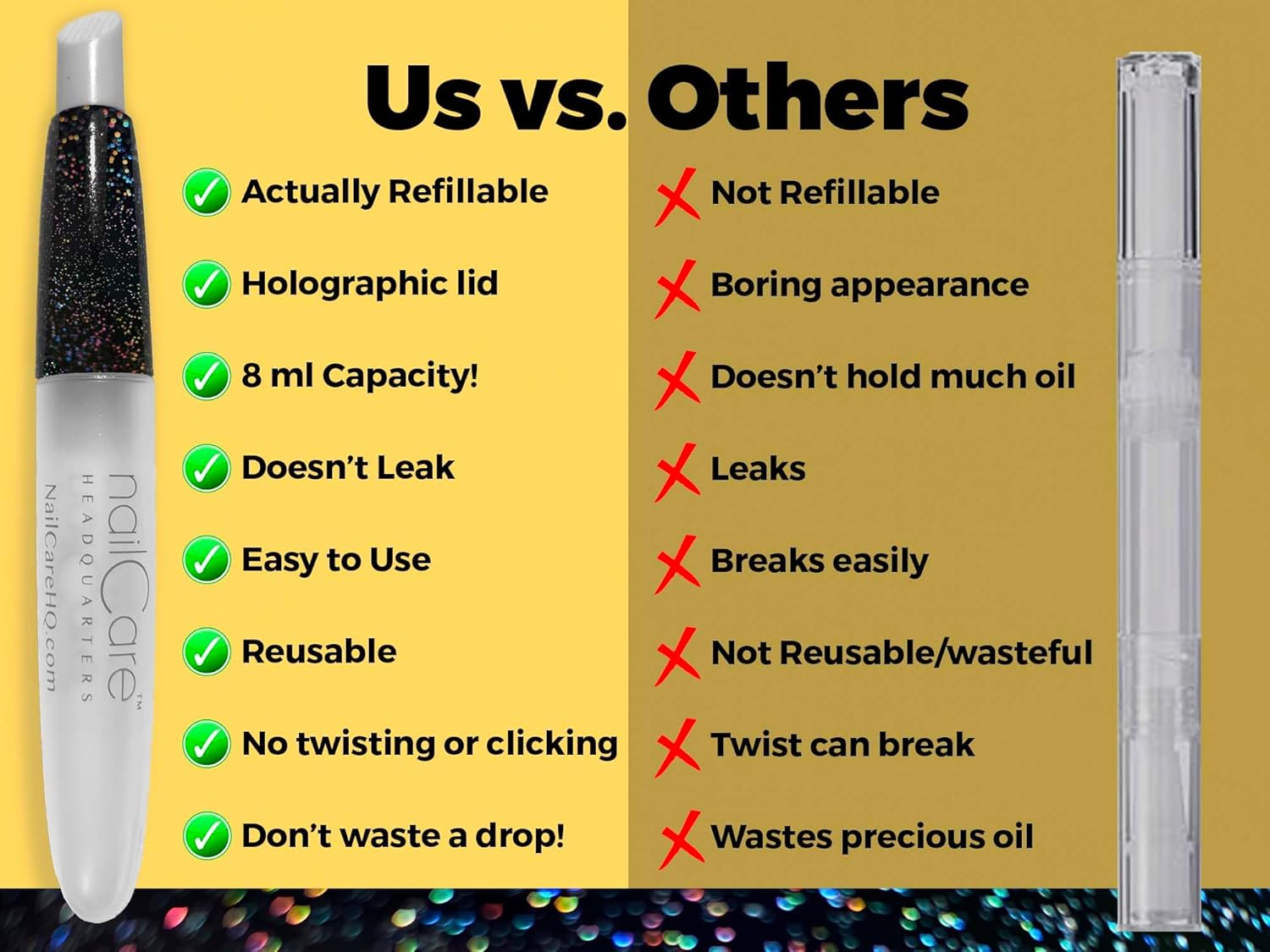 Nail Care Headquarters Refillable Holographic Cuticle Oil Pen for Nails - Empty Holo Squeeze Nail Oil Pen with Brush by Bliss Kiss | 1 Pen image number 2