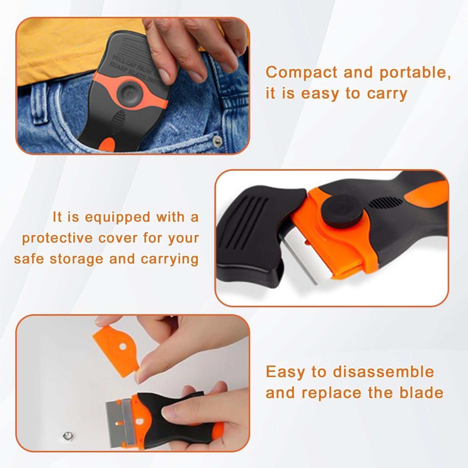 Window Scraper Tool with 10 Metal+10 Plastic Blades,Non-Scratch Double Edged Glass Sticky Stuff Remover,Multi-Purpose Ceramic Scraper Oven Cleaning Tool for Stickers Labels Decals Wallpaper (Orange) image number 3
