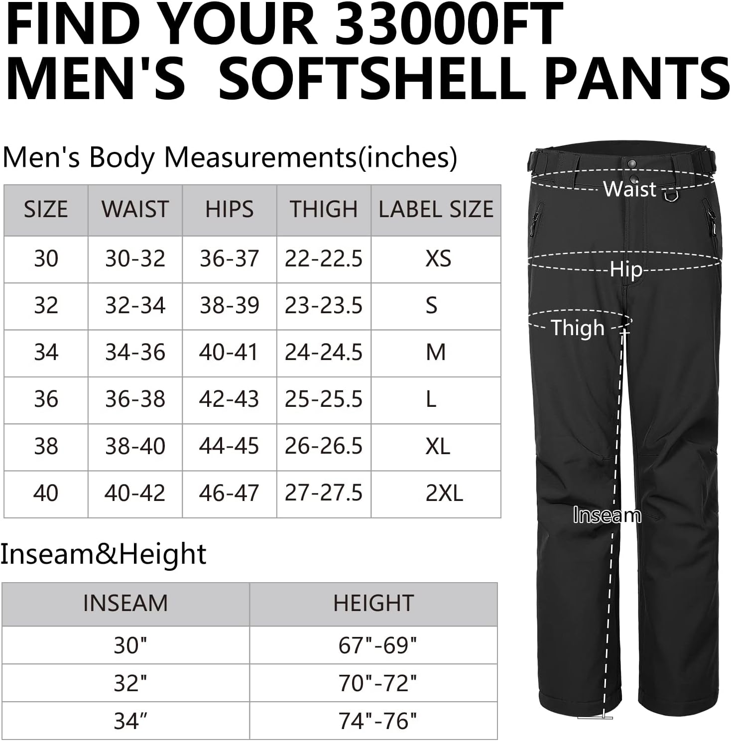 33,000Ft Men'S Waterproof Trousers with Warm Fleece Lined Ski Snow Pants Thermal Softshell Trousers for Golf Hiking Walking image number 2
