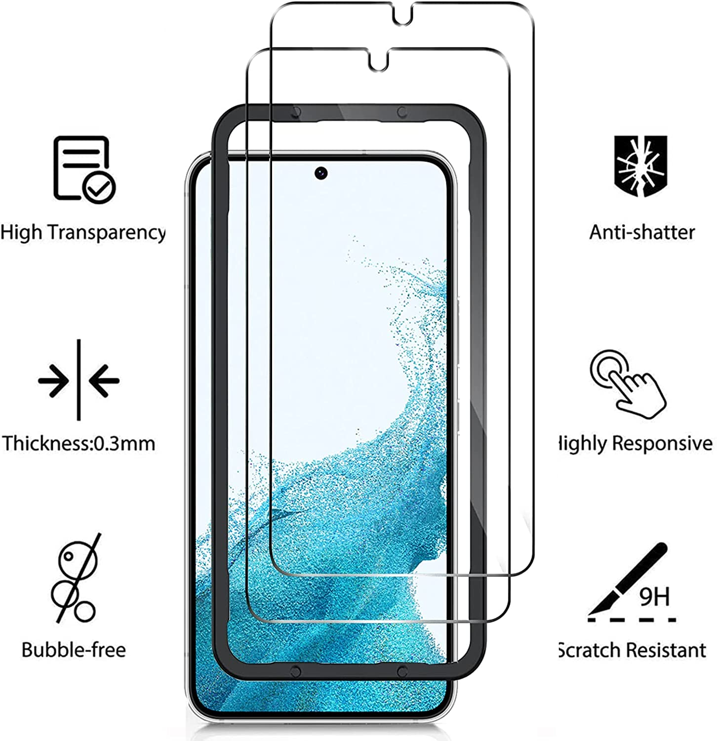 [2 Pack] for Samsung Galaxy S22 Screen Protector 9H Hardness Premium Tempered Shatterproof Glass Screen Protector Film for Samsung Galaxy S22 5G image number 2