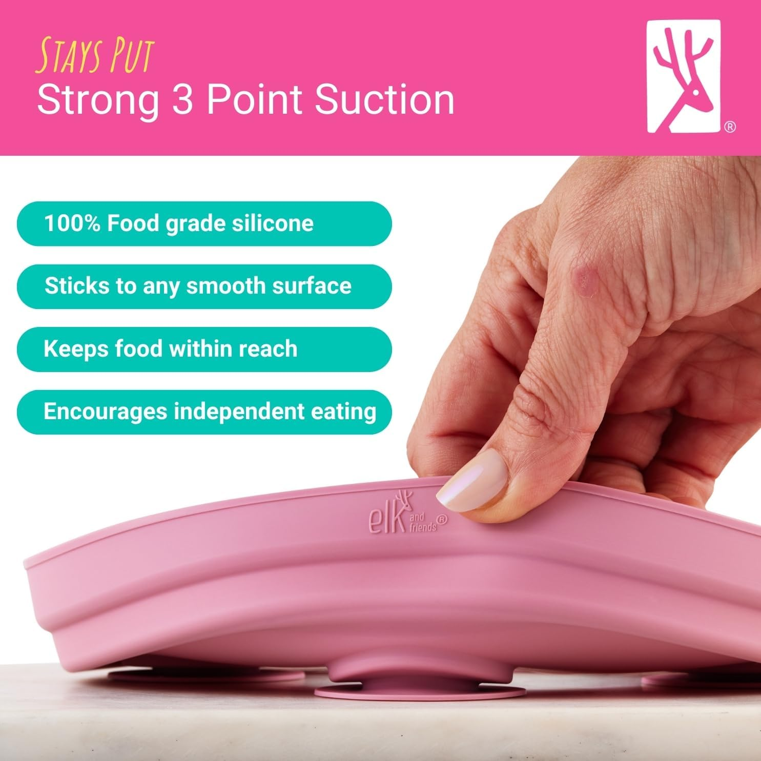 Elk and Friends Kids 6.7&rdquo; Porcelain White Divided Plates with Silicone Suction Sleeves | Suitable for Babies/Toddlers | Microwave & Dishwasher Safe | Stay Put Dinnerware | Snack Dishes | 2 Pack image number 2