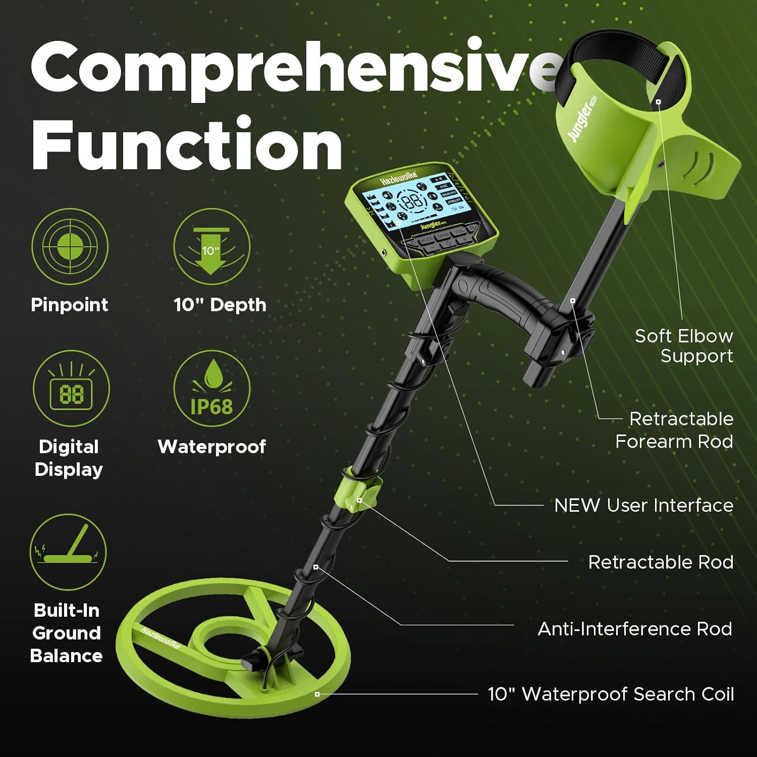Hazlewolke Metal Detector for Adults, 5 Professional Mode with Higher Accuracy 10&rdquo; Waterproof Coil for Gold Detecting - Green-Rechargeable image number 3