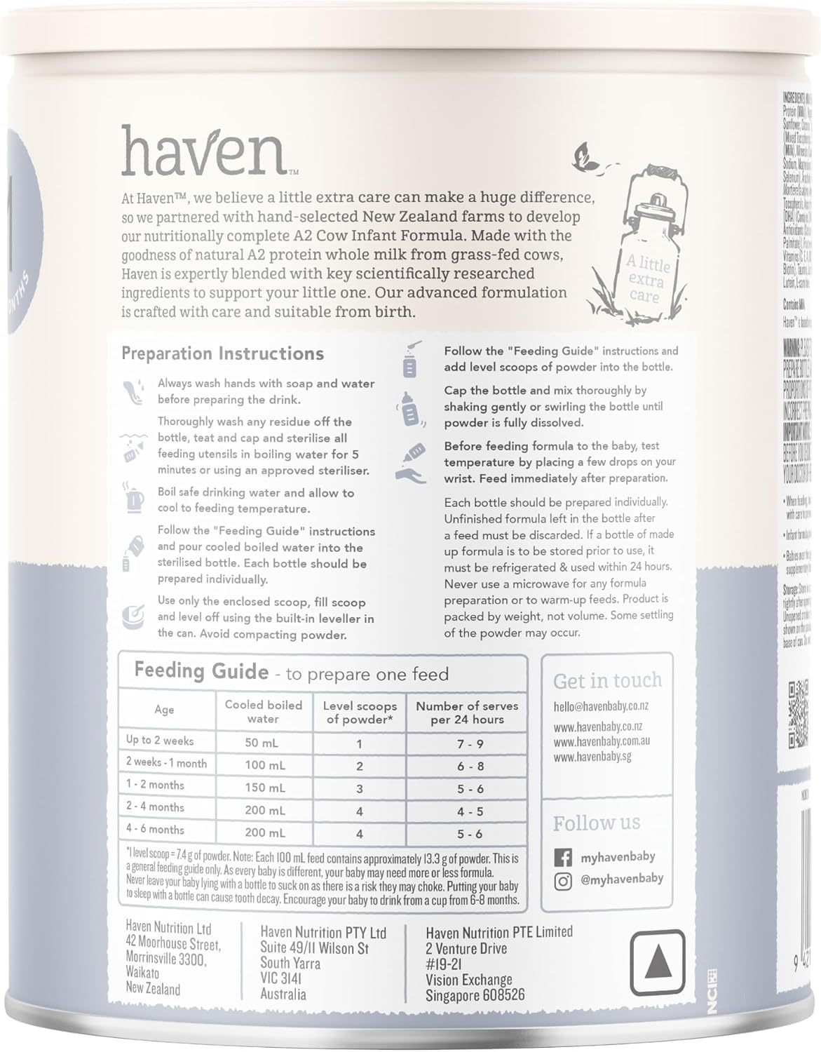Haven A2 Cow Infant Formula, Stage 1 (Birth&ndash;6 Months), Made with Gentle New Zealand Grass-Fed Cow&rsquo;S Whole Milk, with Prebiotics, Probiotics, Palm Oil Free, GMO Free &ndash; 800G