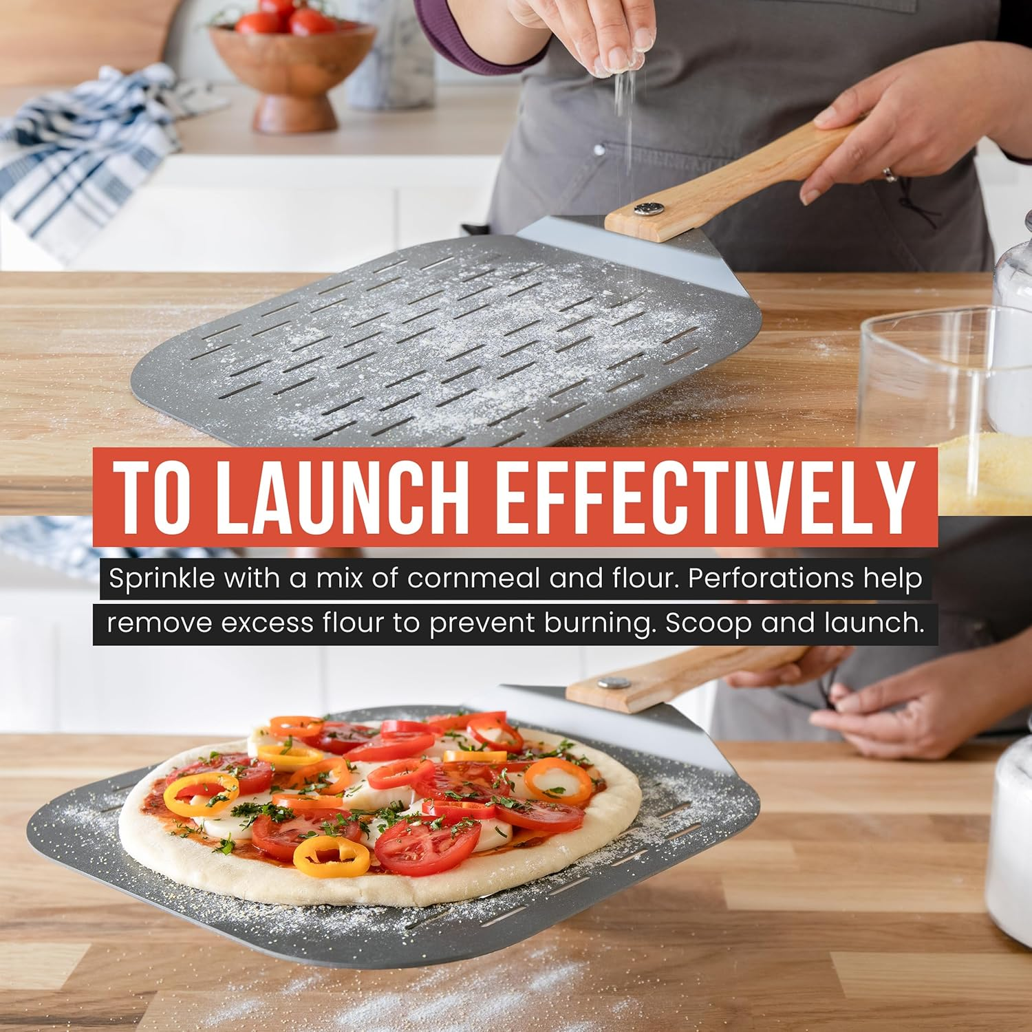 Chef Pomodoro Perforated Aluminum Metal Pizza Peel with Foldable Wood Handle for Easy Storage, Pizza Spatula, Premium Pizza Paddle with Holes for Baking Homemade Pizza and Artisan Breads (12 X 14) image number 3
