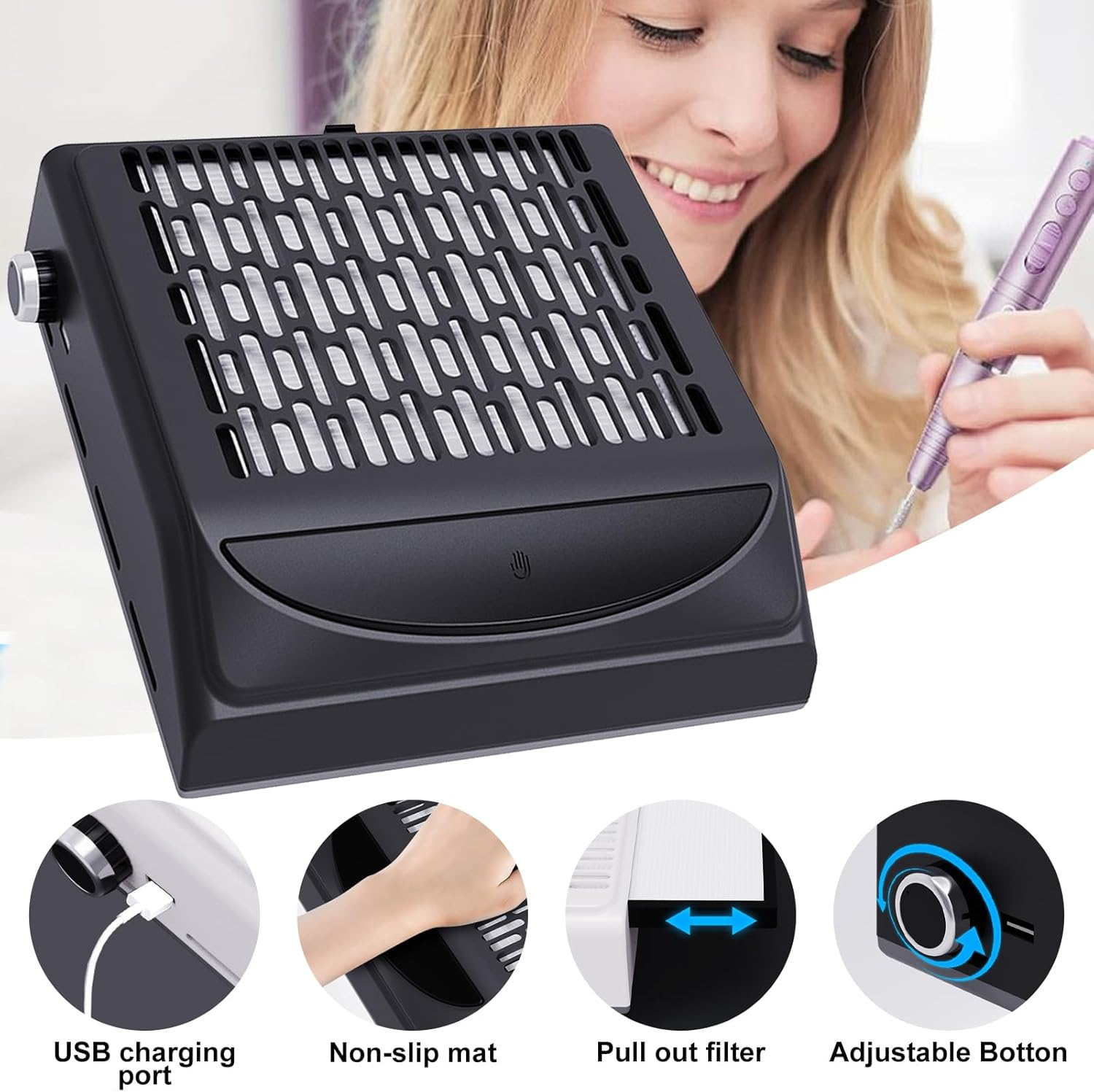 Bouzaak Nail Dust Collector Machine Electric Nail Dust Extractor with Adjustable Switches for Home or Salon Nail Vacuum Cleaner (Black) image number 6