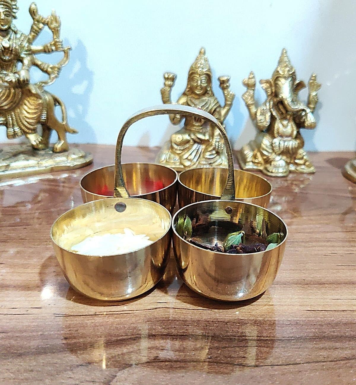 Brass Metal Chowmukh/Puja, Roli, Chawal, Mishri/Chowmukh/Patra/Haldi Kumkum Holder 4 Bowl Stand Holder (Size -3) Set of - 1 PCS (3.5 Inch 225ML) image number 4