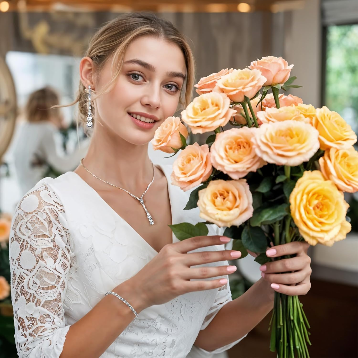 Crystal Jewelry Set for Women, Silver Bridal Jewelry Set Rhinestone Necklace, Bracelet and Earrings, Bridal Wedding Party Accessories image number 5