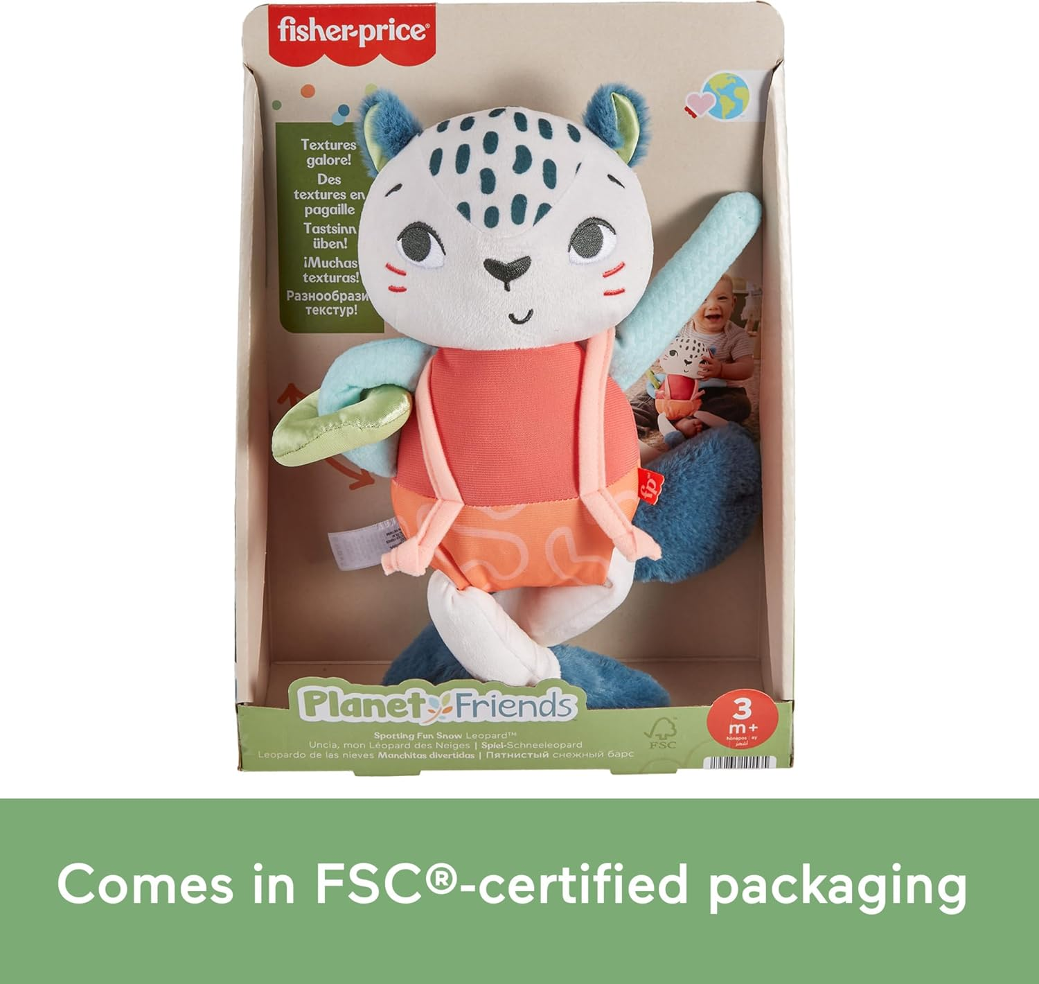 Fisher-Price Baby Toy Planet Friends Spotting Fun Snow Leopard Plush with Sensory Activities for Newborns Ages 3+ Months image number 4