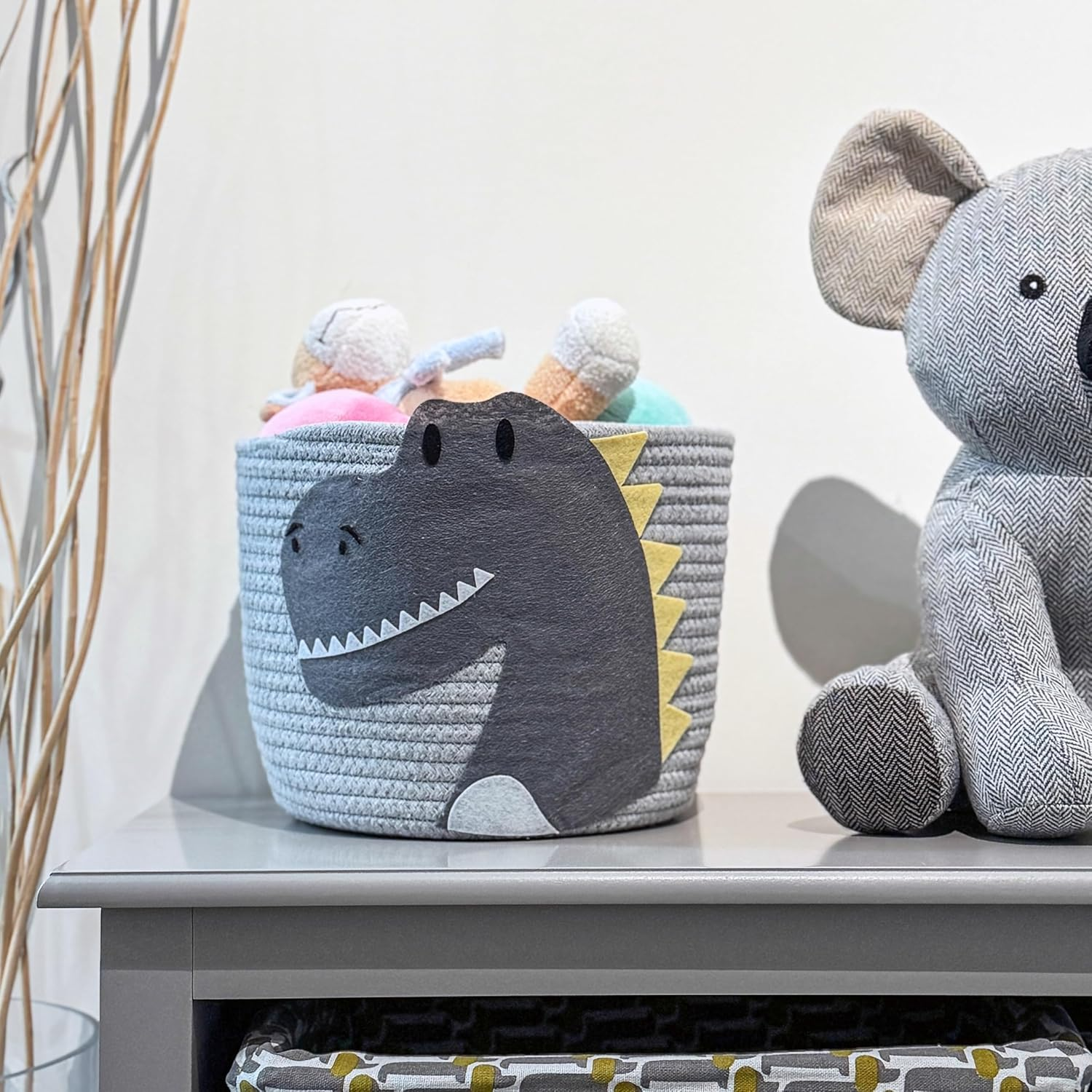 T&T Homewares - Small Woven Cotton Rope Storage Basket, Collapsible Organizer Basket, Laundry Basket Organizer for Toys, Nursery Organizer for Toy Storage Bin - D25Xh20 (Grey Dinosaur) image number 1