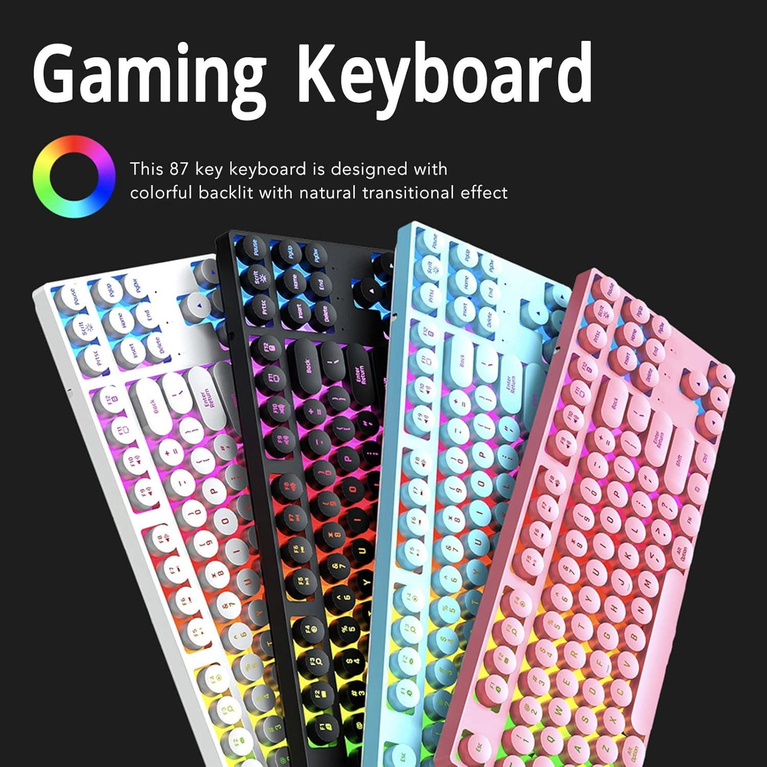 87 Keys Typewriter Style Mechanical Gaming Keyboard, Colorful Backlit Retro Punk round Keycaps Keyboard, anti Ghosting Hot Swap USB Wired Keyboards, for Gamers, Typists (Black) image number 3