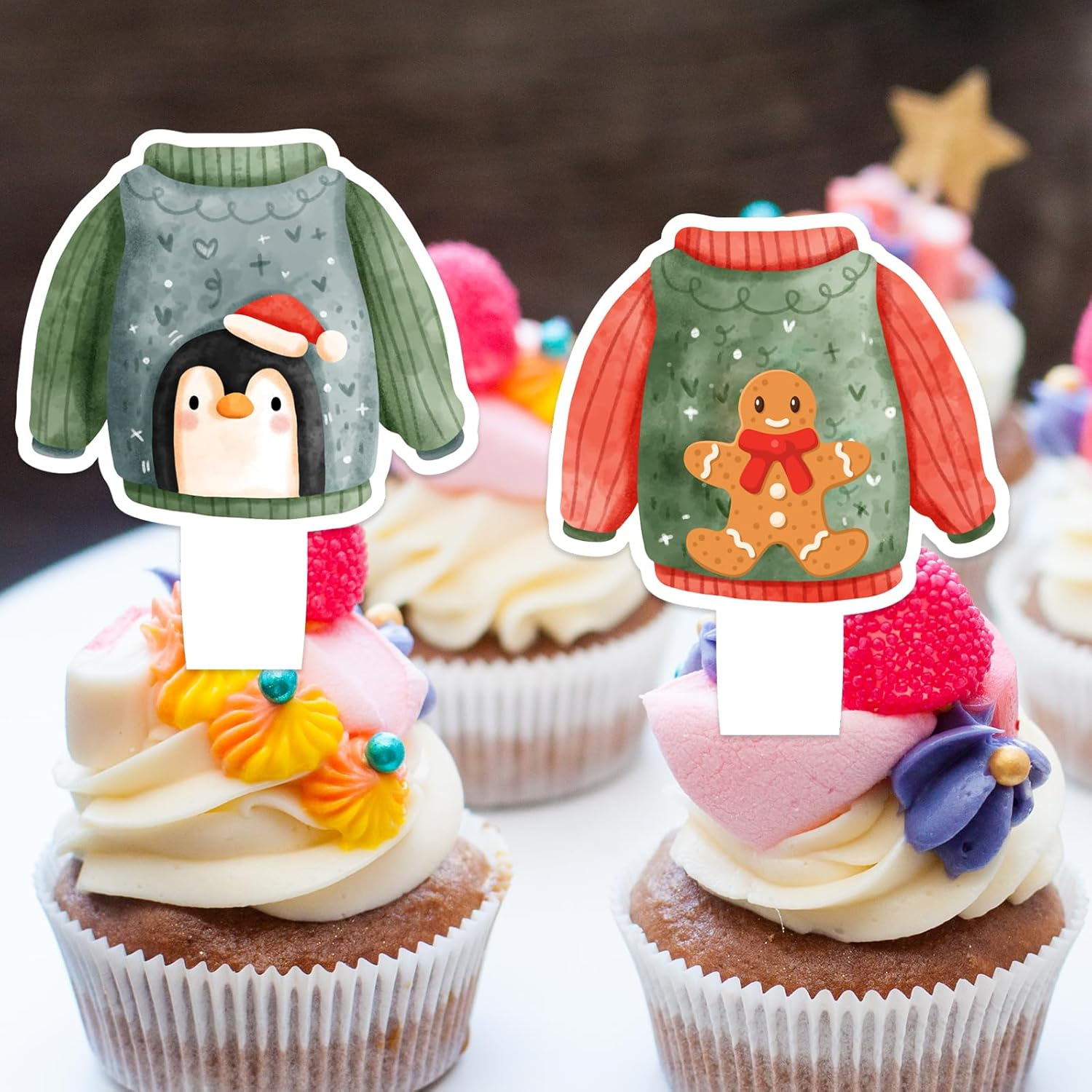 24Pcs Ugly Sweater Cupcake Toppers Set Winter Christmas Holiday Party Ugly Sweater Decorations for Boys and Girls Birthday Party, Baby Shower Party Hohoho Decorations, Birthday Gifts for Kids.Liangss image number 1