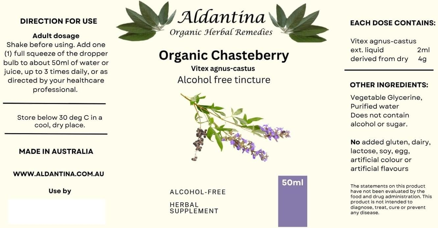 Organic Chasteberry Tincture/Extract, Australian Made, Alcohol Free (50Ml)