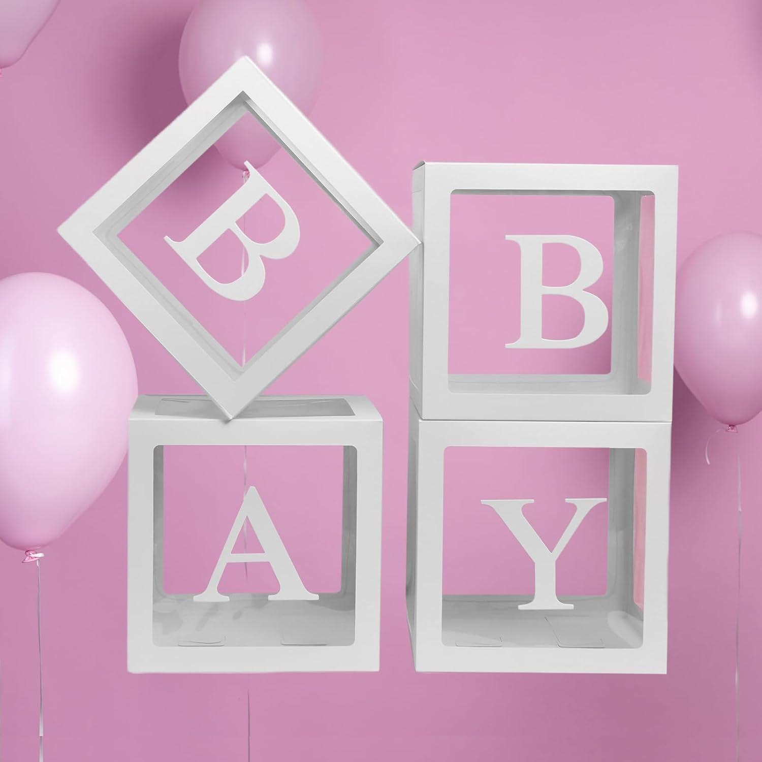 Baby Balloon Boxes with Letters, Set of 4 White Box for Baby Shower, Gender Reveal, Birthday Party Decoration image number 1