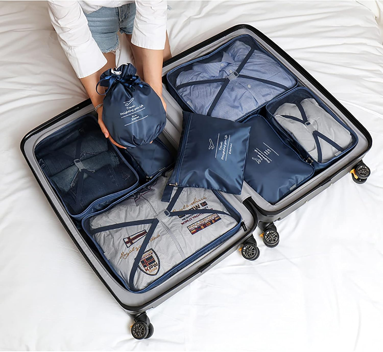 Packing Cubes 8-Pcs Travel Organizer Accessories Travel Luggage Storage Bag with Shoe Bag Toiletry Bags Andunderwear Bag,Navy Blue image number 6