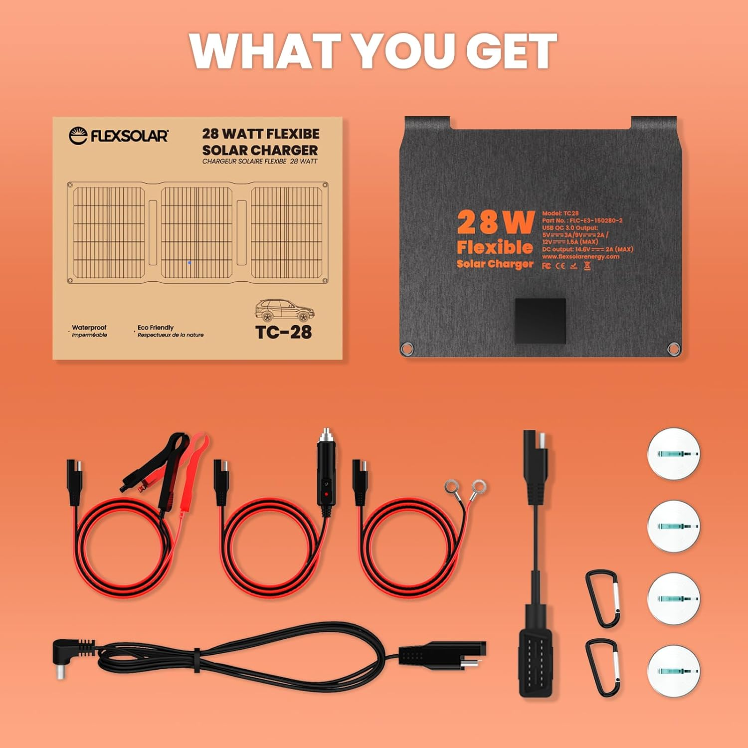 Flexsolar 28W 12V Portable Solar Panel Battery Charger Maintainer Kits Trickle Charger with Built-In Charge Controller, Cig Plug, Alligator Clips, O-Rings OBDII Connector for Car, Truck,Tractor, Boat image number 4