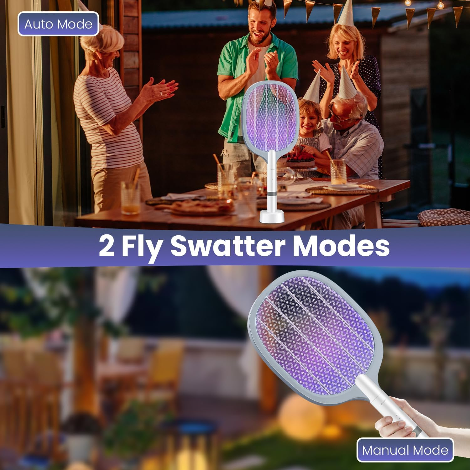 WEKUBA Electric Fly Swatter, with Base for Rechargeable, 6 Lamp Beads Mosquito Zapper, 1200 Mah Battery Fly Swatter, 3 Layer Safety Mesh, for Bedrooms, Homes, Backyard Gardens image number 2