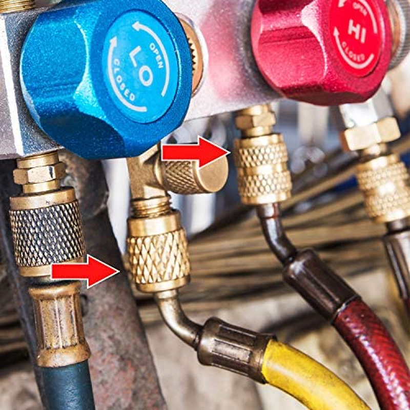 Chinco 2 Pcs R410A Adapter for Mini Split Charging Adapter Vacuum Port with Thimble 5/16 Inch Female Quick Coupler to 1/4 Inch Male Flare for Air Conditioner HVAC Refrigeration (45&deg; Angle) image number 1