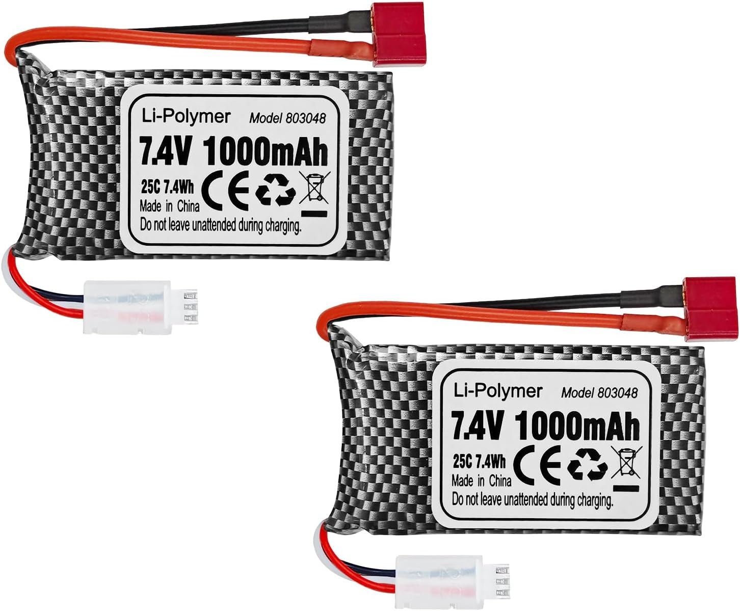 2PCS 7.4V 1000Mah T-Type Plug Lithium Battery for 18858 18859 18859A 18859E HM163 HM164 35-DJ03 35-DJ04 SN-DJ02 16889 16889A 16890 2845 2846 Q901 Q902 Q903 Remote Control Car Quadcopter Drone Battery image number 2