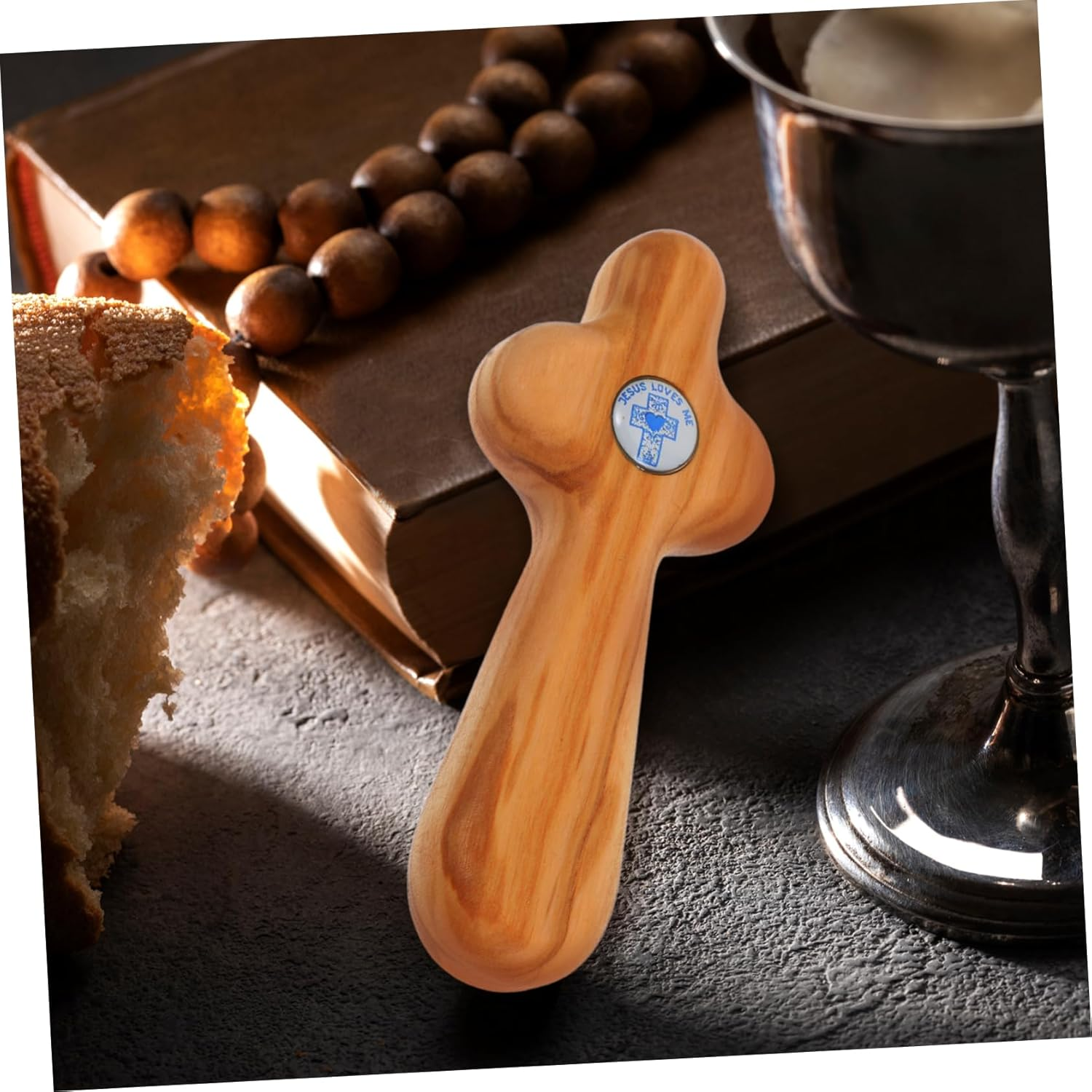 DOITOOL Handheld Wooden Cross Olive Wood Pocket Cross for Baptism First Communion Religious Ceremonies Unique Design Lightweight Portable Faith Symbol image number 6