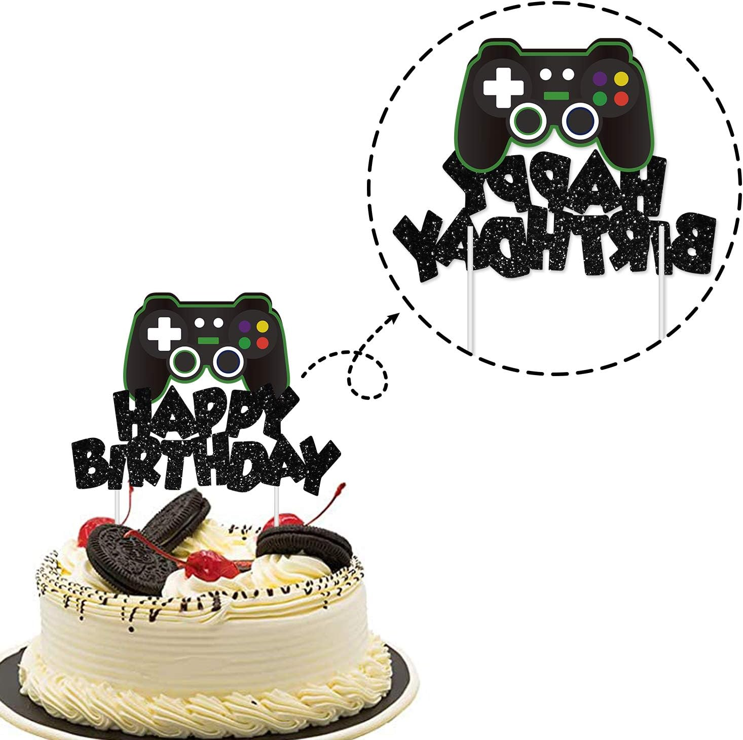 Video Game Cake Topper Glitter Game Controller Happy Birthday Cake Topper Cake Decorations Picks for Kids Gaming Themed Birthday Party Supplies - 24 Pack Candy Bas image number 2