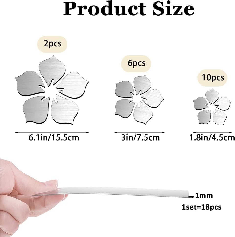 18 Pcs Acrylic Mirror Floral Wall Stickers, Self Adhesive Removable Wall Decal Mirror Set, Silver 3D Flower DIY Art Wall Decoration for Bedroom Home Living Room Sofa TV Background Decor image number 6