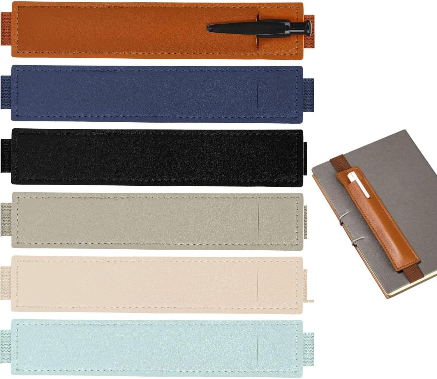 6 Pcs Pen Holder Pouch, PU Leather Pen Sleeve Pouch for Journals, Notebooks, Binders, Planners, Tablet, Office School Supplies, Outdoors Office (6 Colors) image number 3
