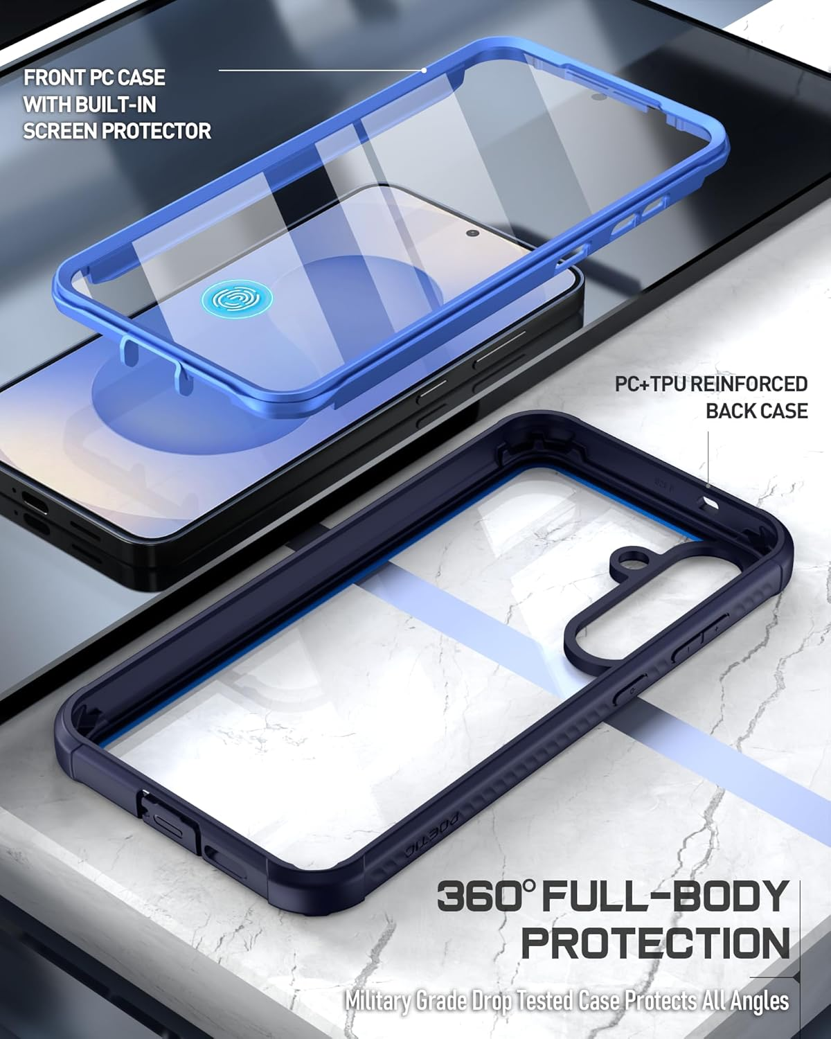 POETIC Guardian Case for Samsung Galaxy S25+ plus 5G, 6M Military Grade Drop Test, Built-In Screen Protector and Fingerprint ID, Heavy Duty Shockproof Full Body Case, Blue/Clear - Black image number 3