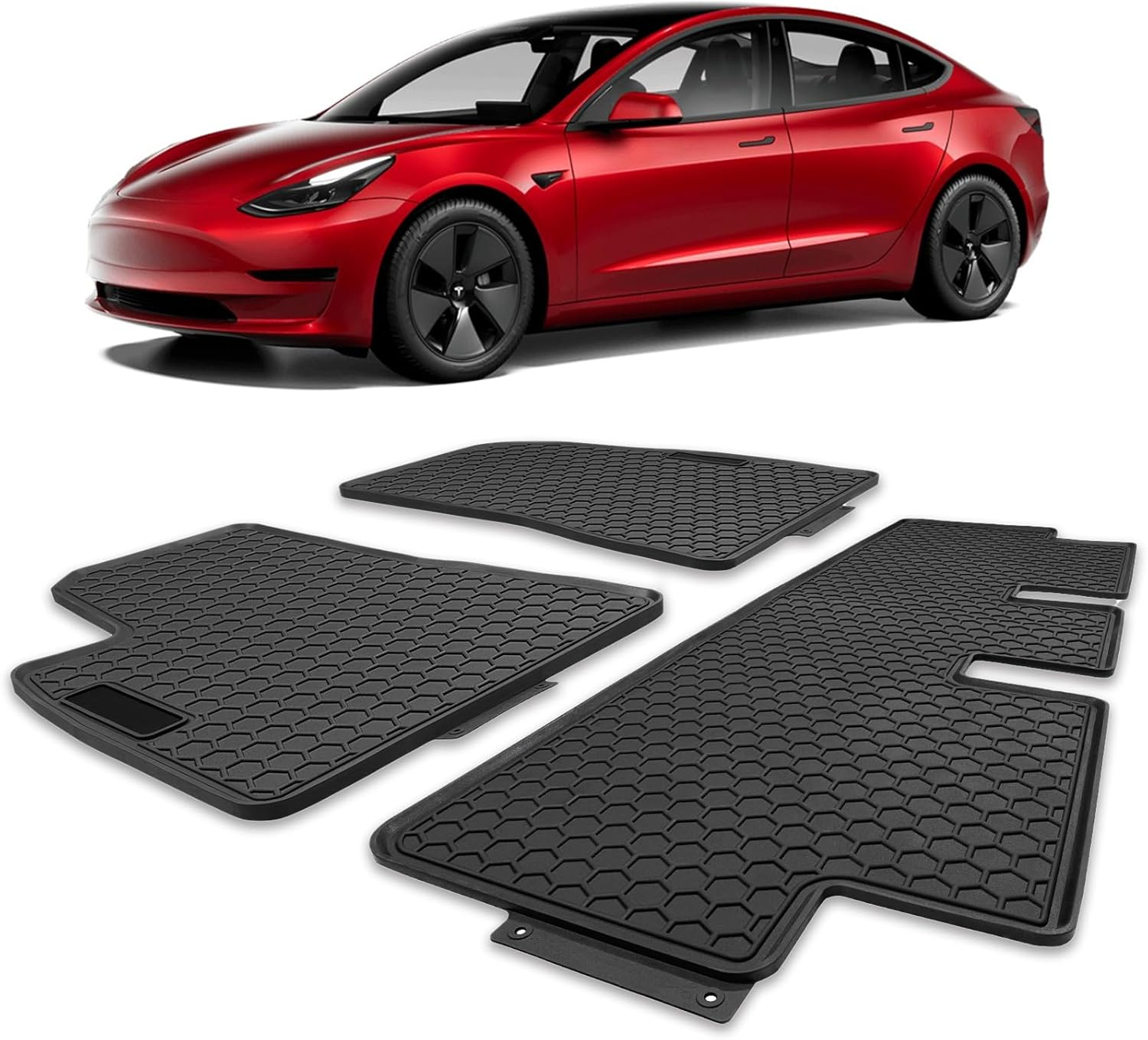 Spurtar for Tesla Model 3 Floor Mats 2017-2025, Car Floor Mats All Weather Automotive with 3D Extended Edge, 3 Pack Honeycomb Design Front & Rear Rubber All-Weather Protector, Black image number 6