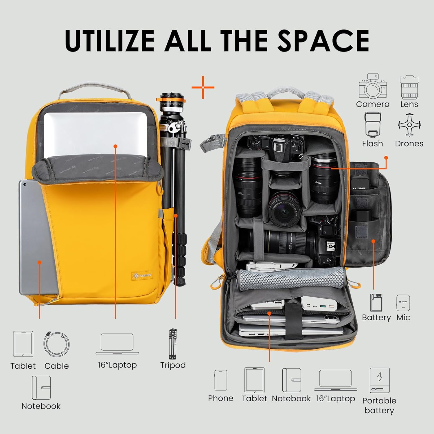 TARION Waterproof Camera Backpack - DSLR Camera Bag with Laptop Compartment, Unisex Minimalist Hiking Backpack image number 4