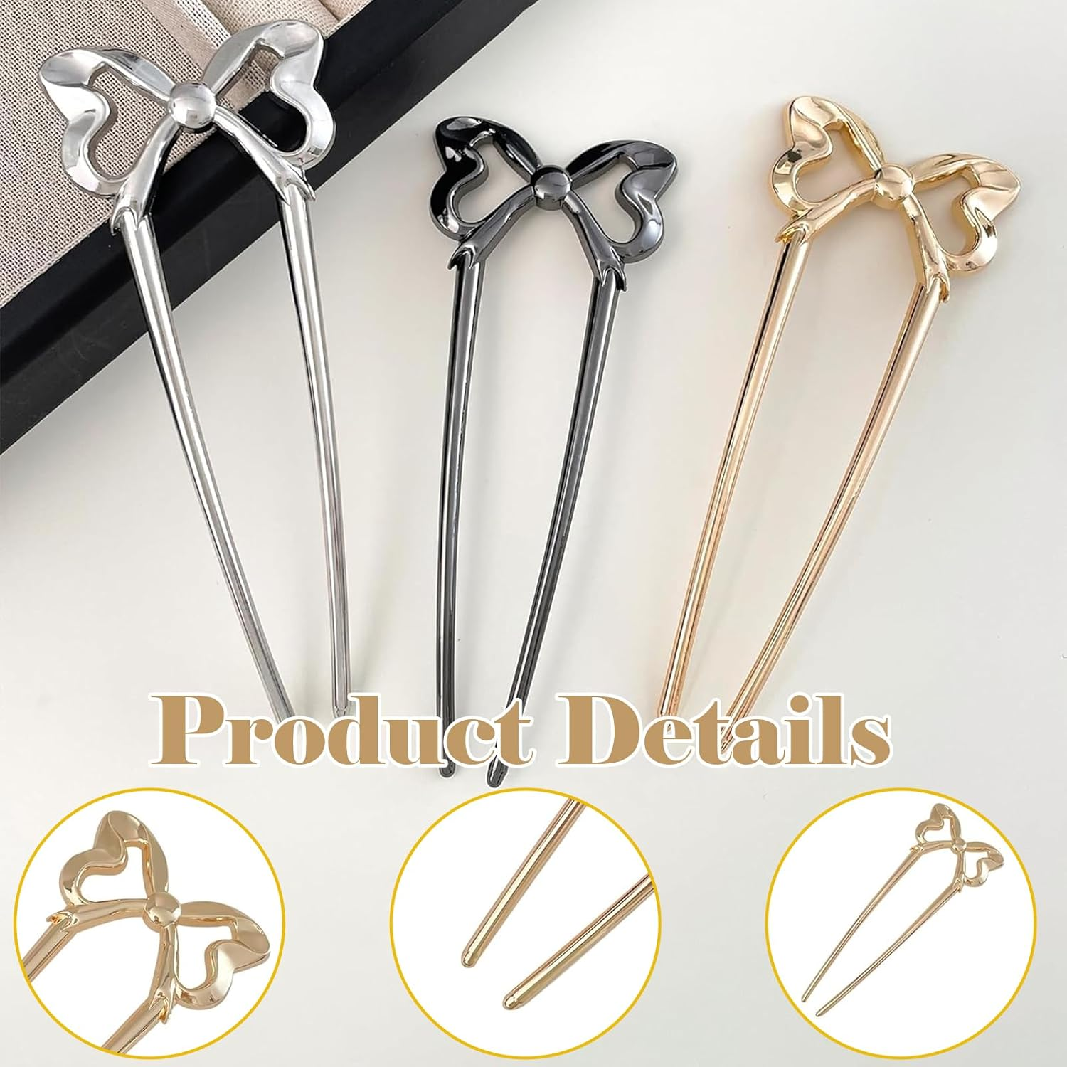 ASOMI 3 Pieces Vintage French Bow Hair Pins for Women U Shape Updo Metal Hair Sticks for Long Thick Hair (Gold, Silver, Black) image number 5