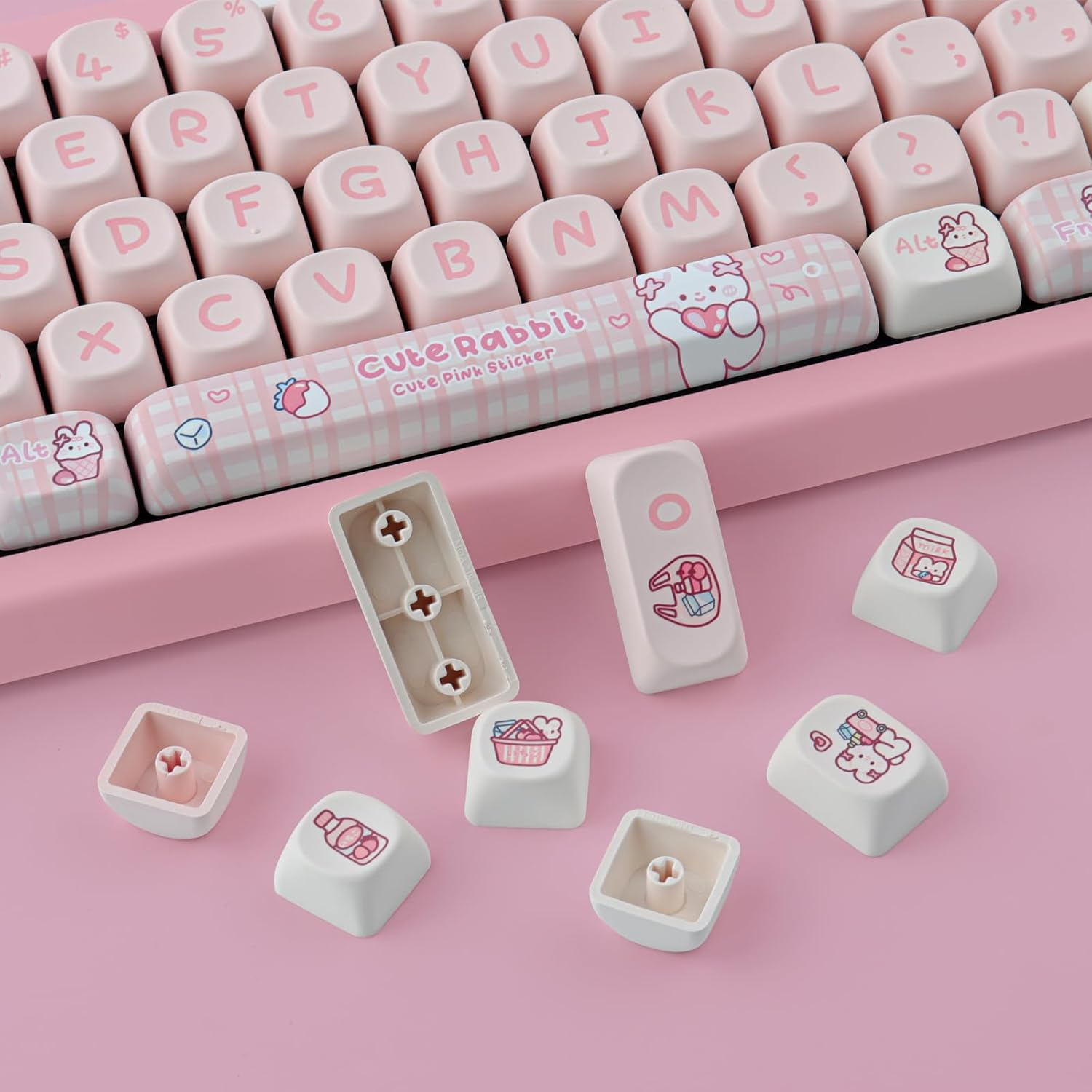 TYRIXKI PBT 148 Keys Cute Keycaps Dye-Sublimation Bunny Keycaps Set MOA Profile for Cherry Gateron MX Keys Mechanical Keyboards - Cats Eat Fish image number 3