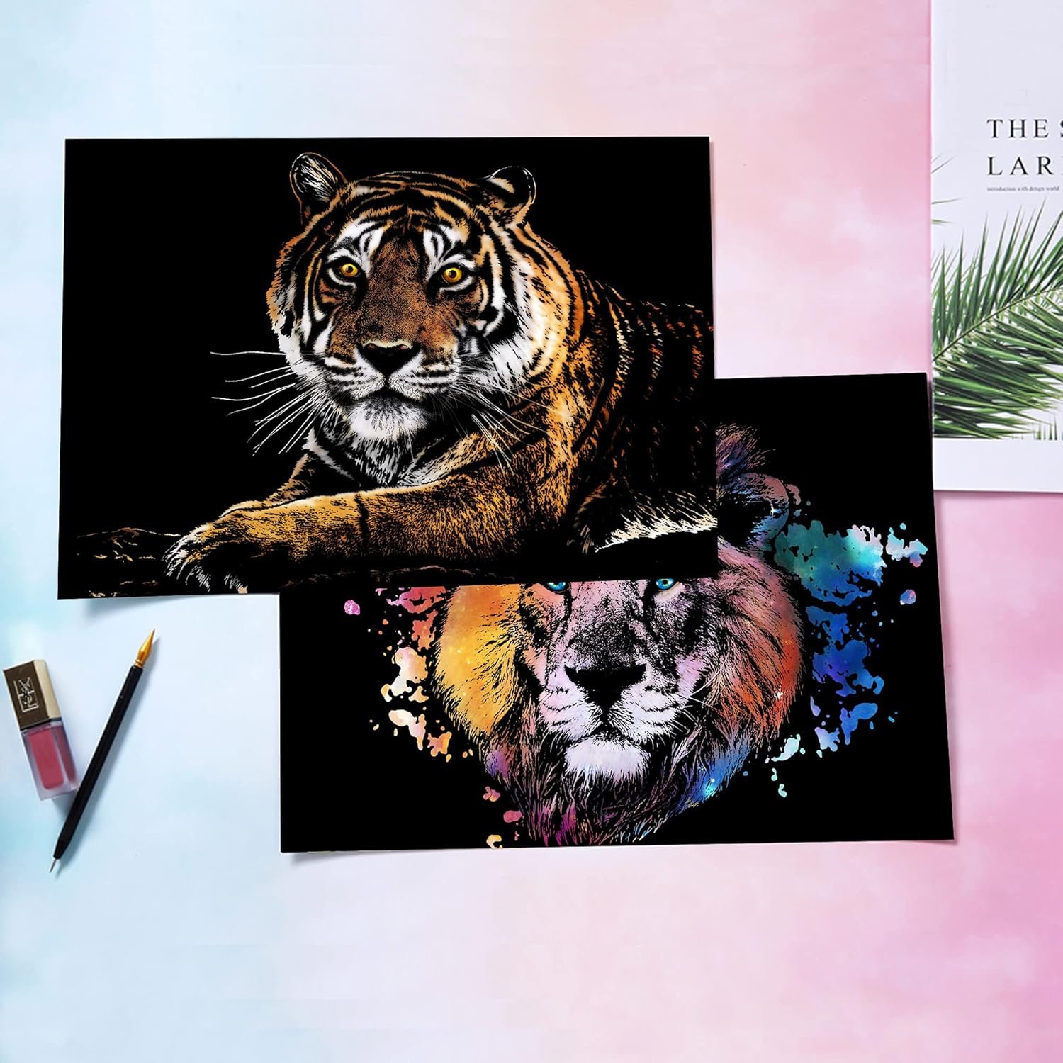 Scratch Rainbow Painting Art Paper,Scratch & Sketch Art for Kids & Adults,Animal Series Creative DIY Gifts&Arts Craft Kits with 4 Tools,16''X11''(Lion&Tiger) image number 1