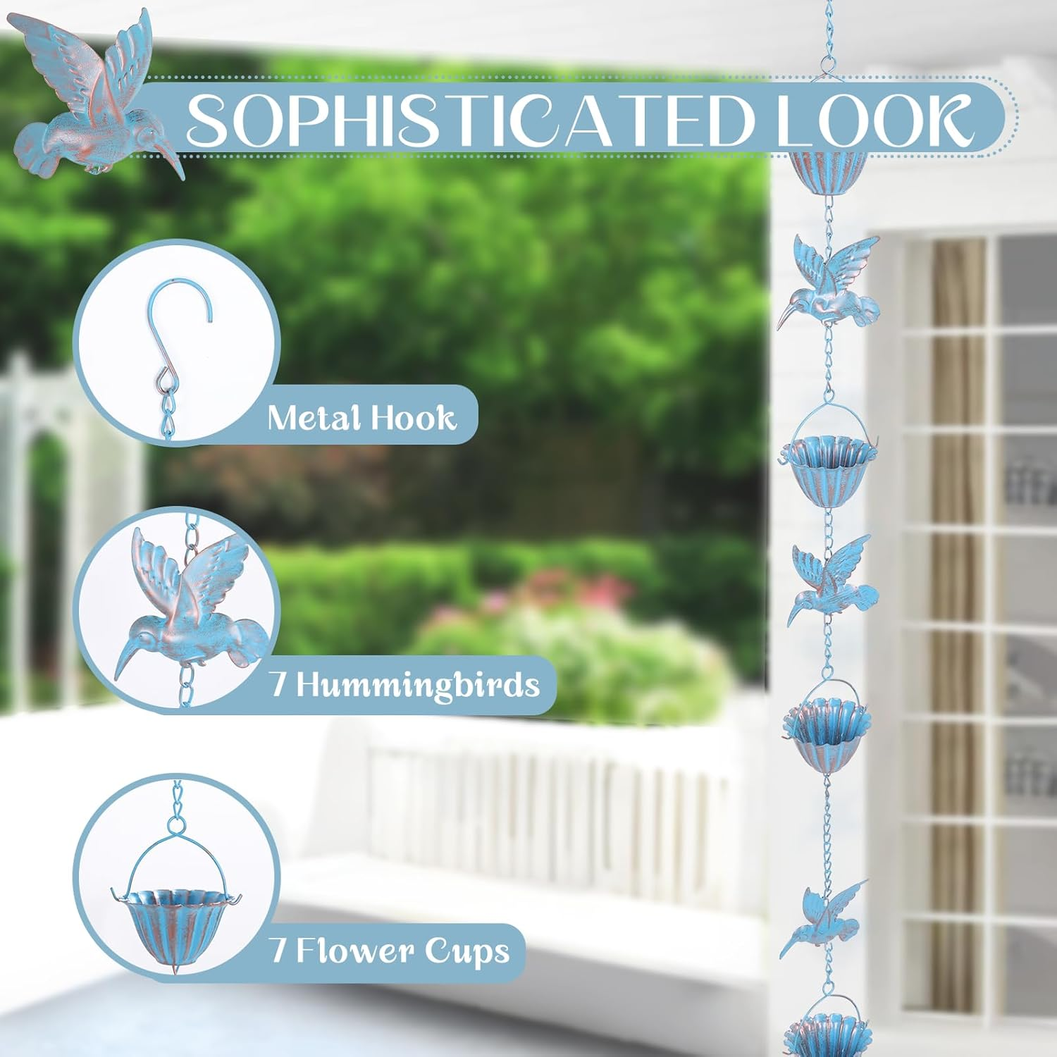 Metal Rain Chain, 7.9 Foot Rain Catcher Chain with 7 Water Cups and 7 Removable Hummingbird Decorative Rain Chains, Easy to Install Gutter Rain Collector Chain for Eaves Drainage image number 2