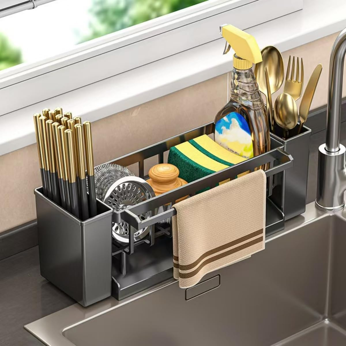 Sponge Holder for Kitchen Sink,Kitchen Sink Organizer,Sink Caddy,High-Strength ABS Material Dish Sponge Organizer with Water Tray,Dish Soap Holder Storage(Black)