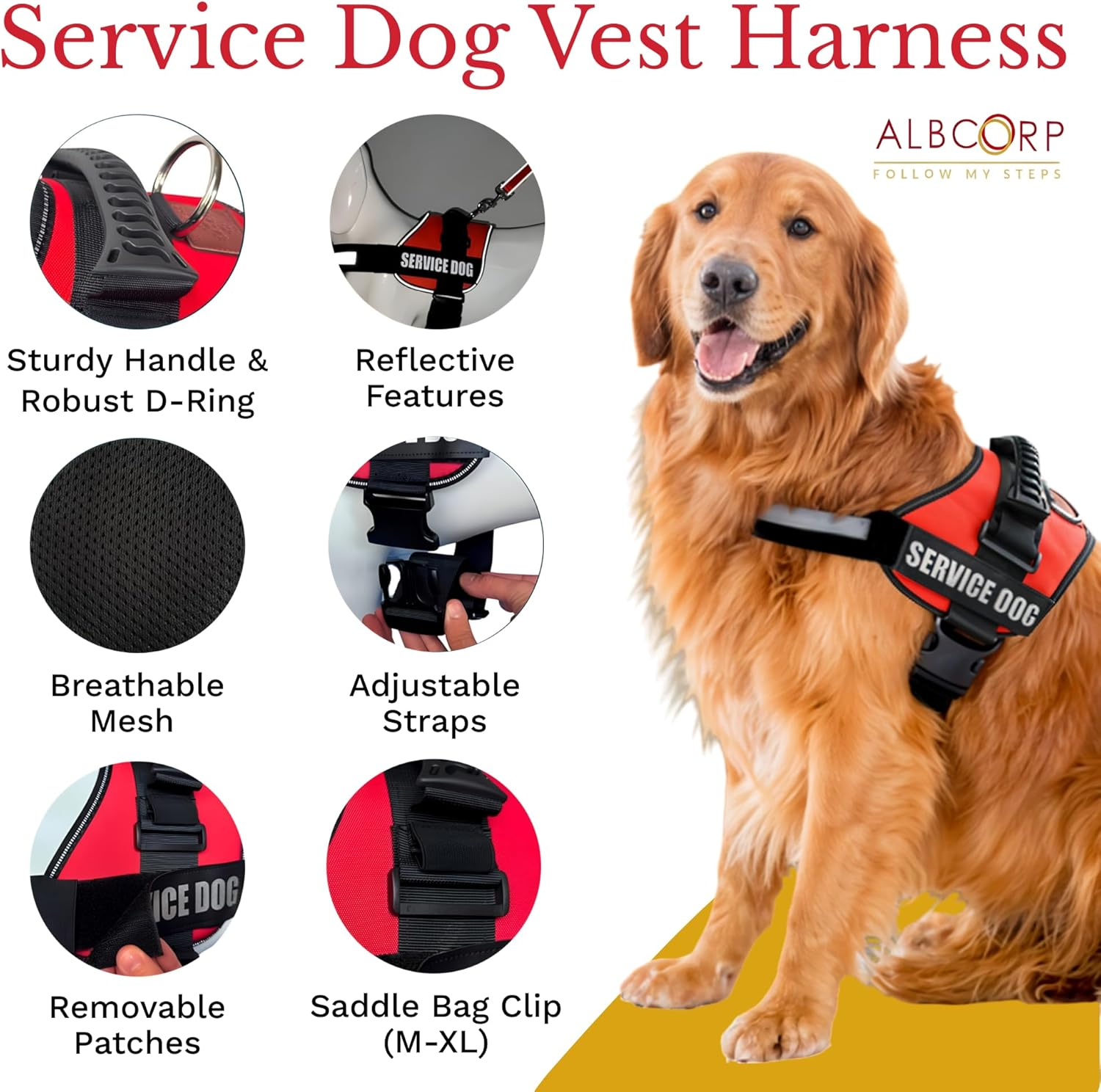 ALBCORP Service Dog Vest Harness &ndash; Reflective, No-Pull Harness with Handle & Comfy Mesh Padding &ndash; Sizes XXS-XL for Puppies, Small & Large Dogs &ndash; 2 Removable Service Patches Included(Xxs, Red) image number 7