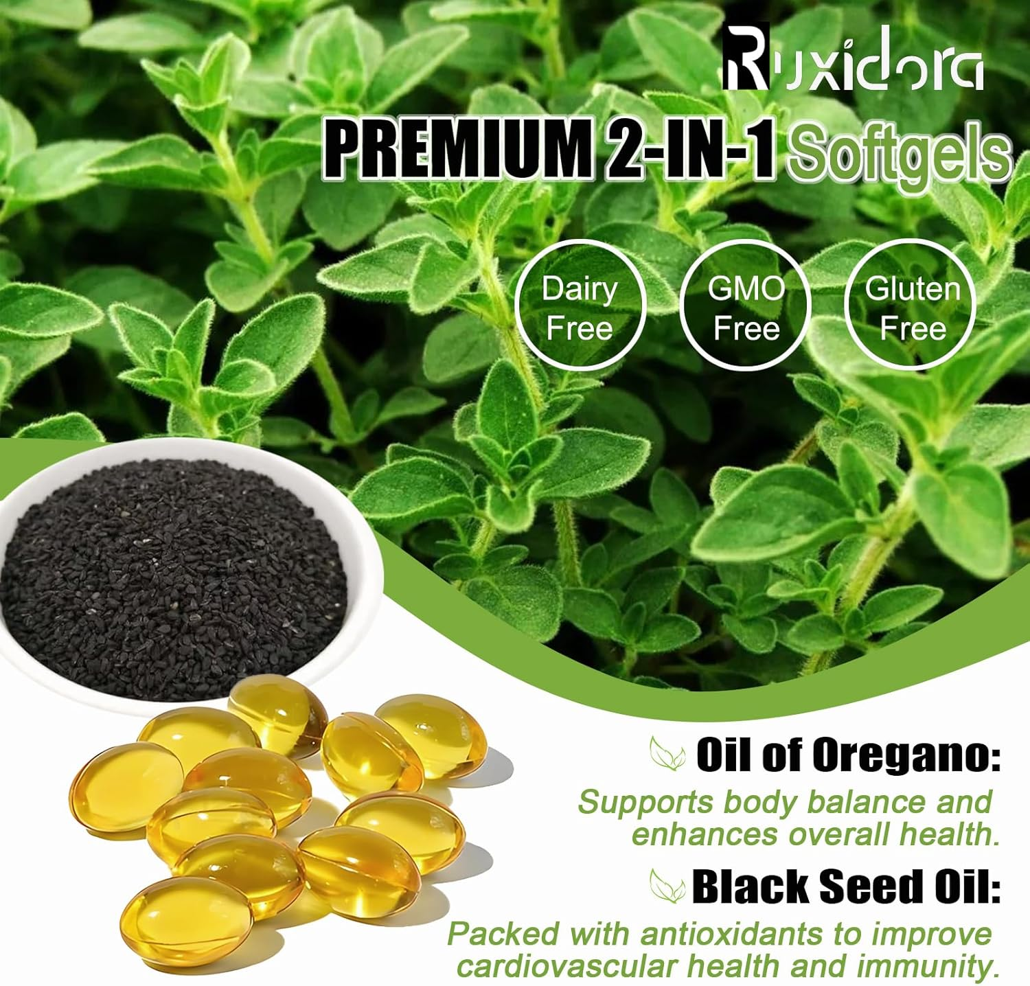 Oregano Oil & Black Seed Oil Softgels,180 Capsules | Cold-Pressed | Non-Gmo,Gluten-Free, Vegan image number 4